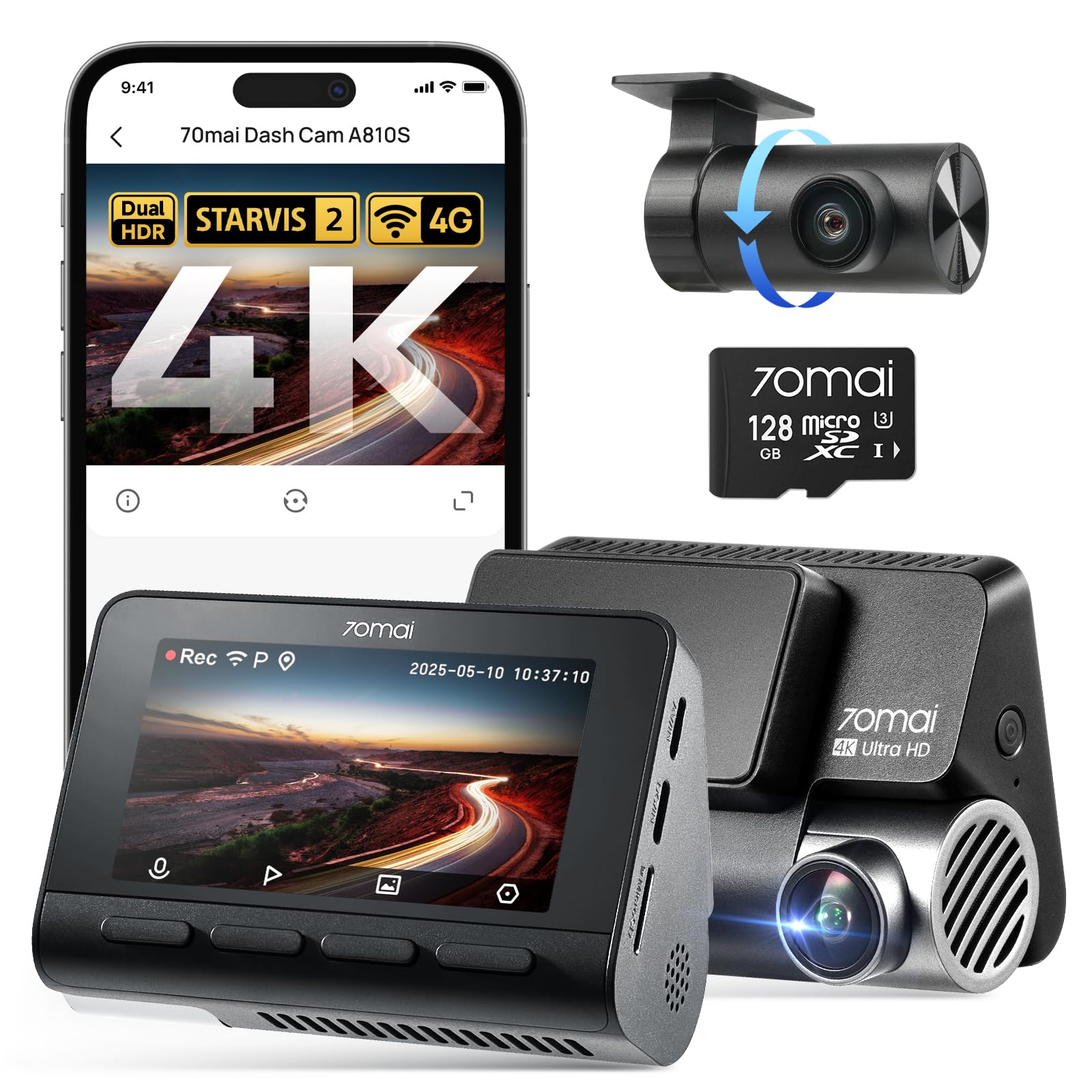 4K Dashcam Auto Vorne und Hinten A810S mit 4K+1080P Dual STARVIS 2, HDR Nachtsicht, WiFi App-Steuerung, 4G LTE, ADAS und 128GB Micro SD-Karte