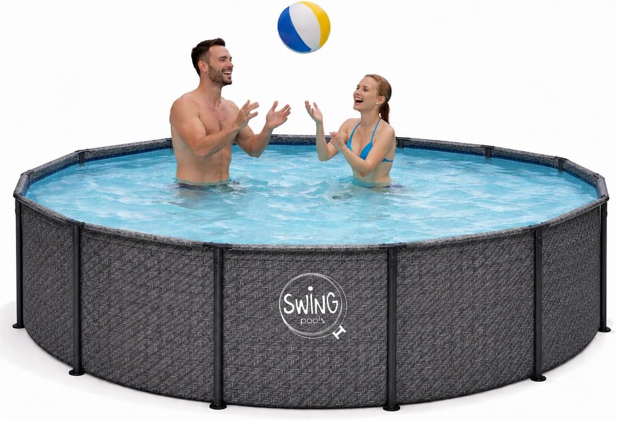 HAF, Swing Frame Pool rund Grau Fischgräte (Ø 366 cm, Schnellaufbau ohne Werkzeug, Gartenpool mit 8.300 Liter, 91 cm tief), Robust
