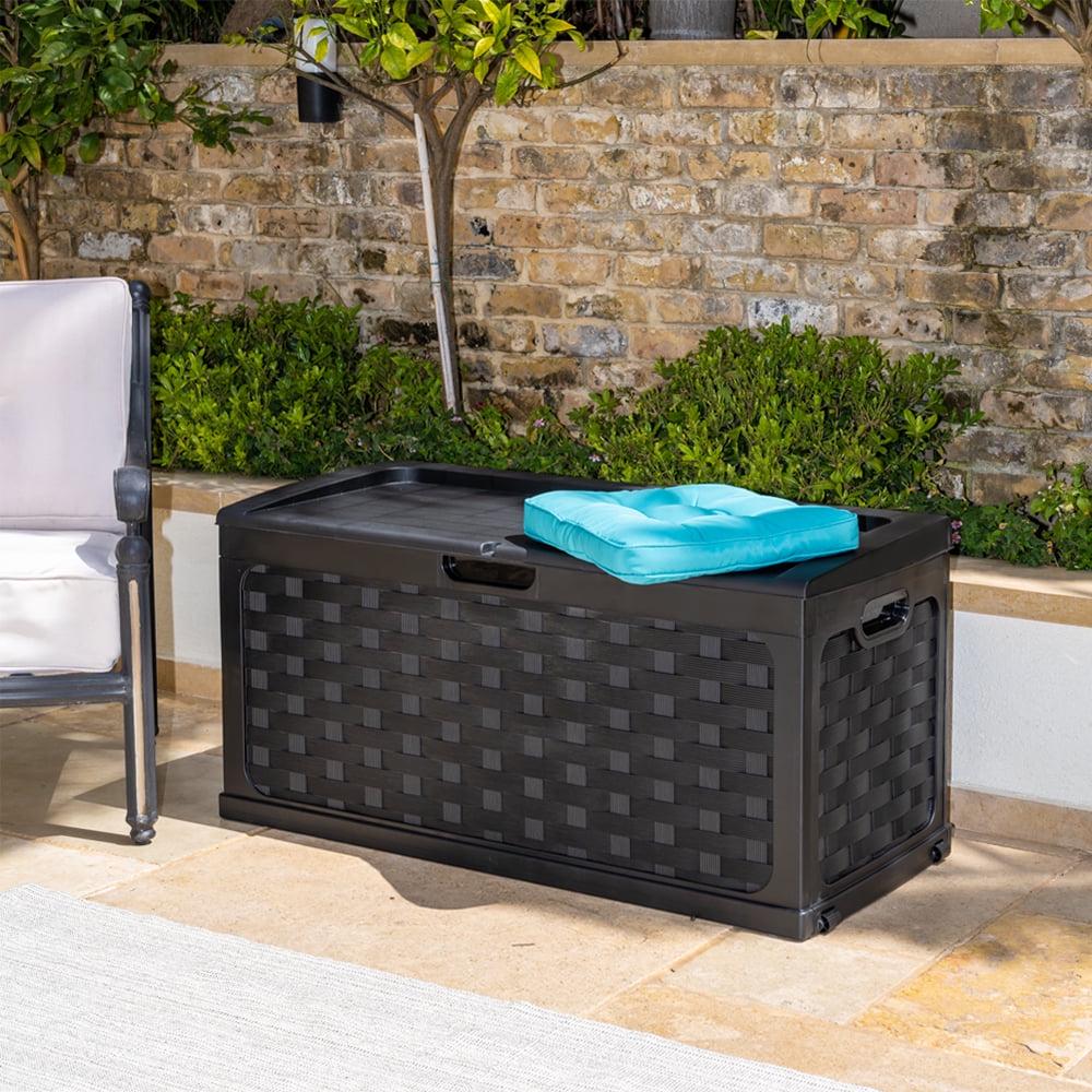 Starplast 88 Gallon Black Rattan Deck Box &ndash; Weather Resistant, Locking Seat for Outdoor Storage