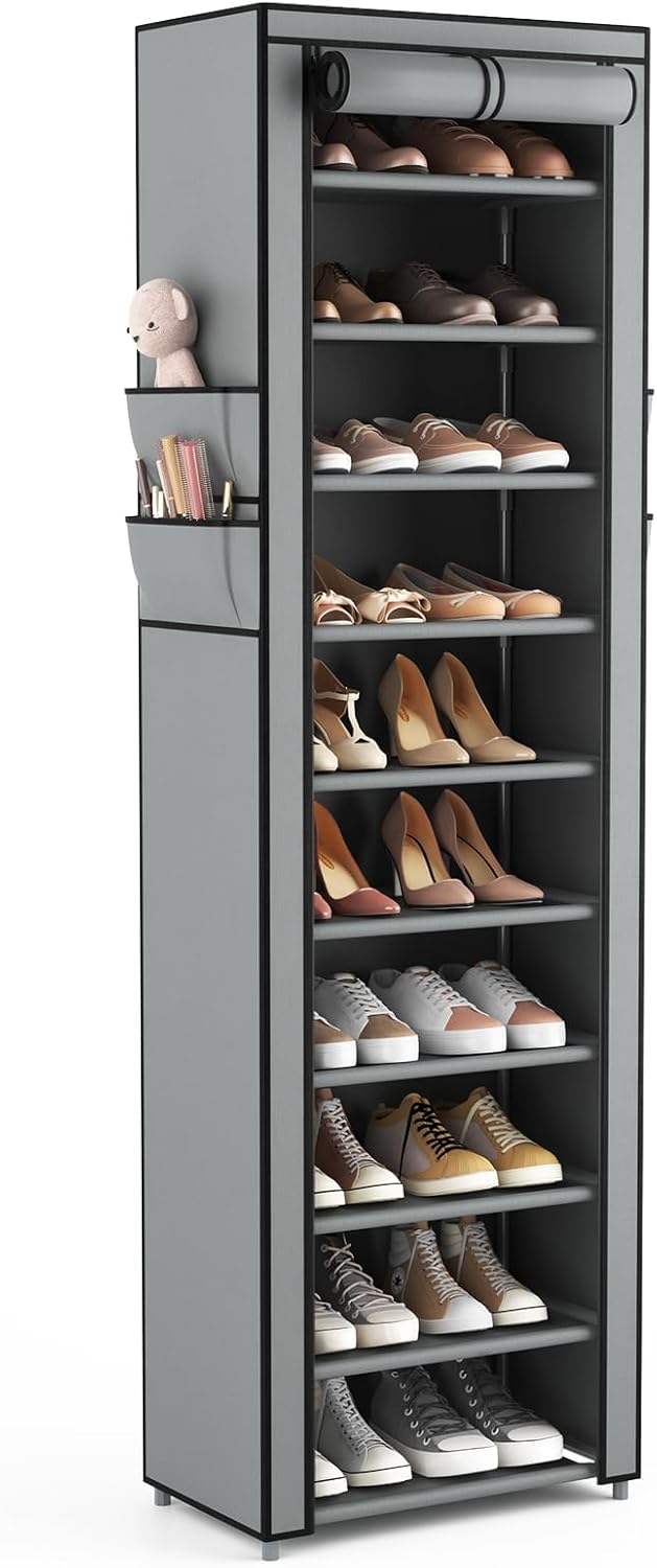 Vicye 11 Tier Shoe Rack with Dust Cover for 20-22 Pairs of Shoes, Waterproof, Shoe Rack Improve Space Usage Slim Fabric for High Heels, Sports Shoes, Black