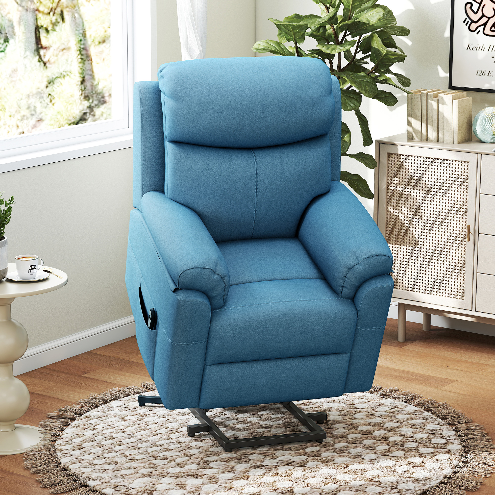 HOMCOM elektrischer Aufstehsessel Sessel mit Aufstehhilfe für Senior Relaxsessel TV Sessel mit schlaffunktion und aufstehhilfe Fernsehsessel Liegefunktion Leinen-Touch Blau 83 x 89 x 102 cm