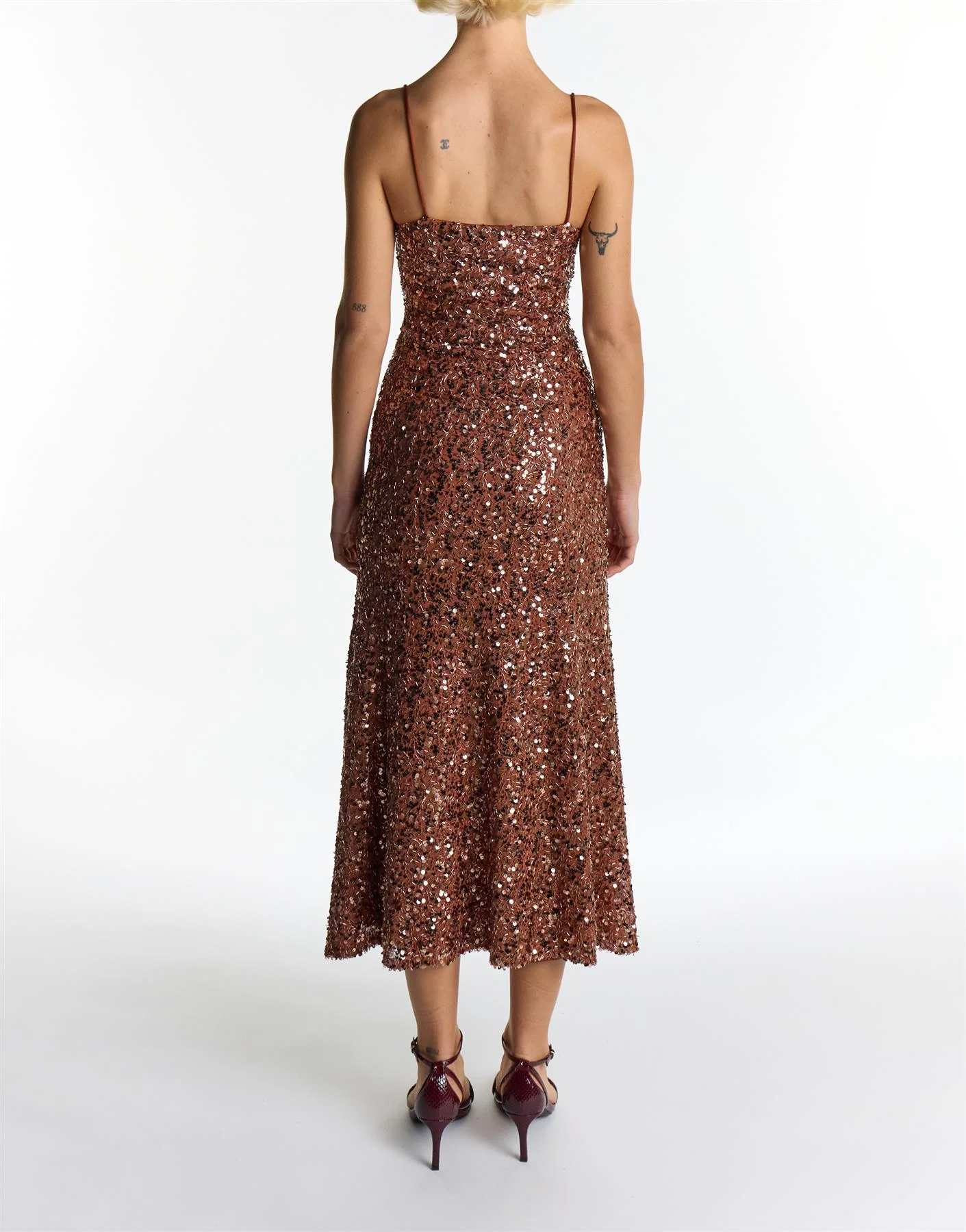 Frankie Mocha Tan Sequin Bias Cut Midi Dress