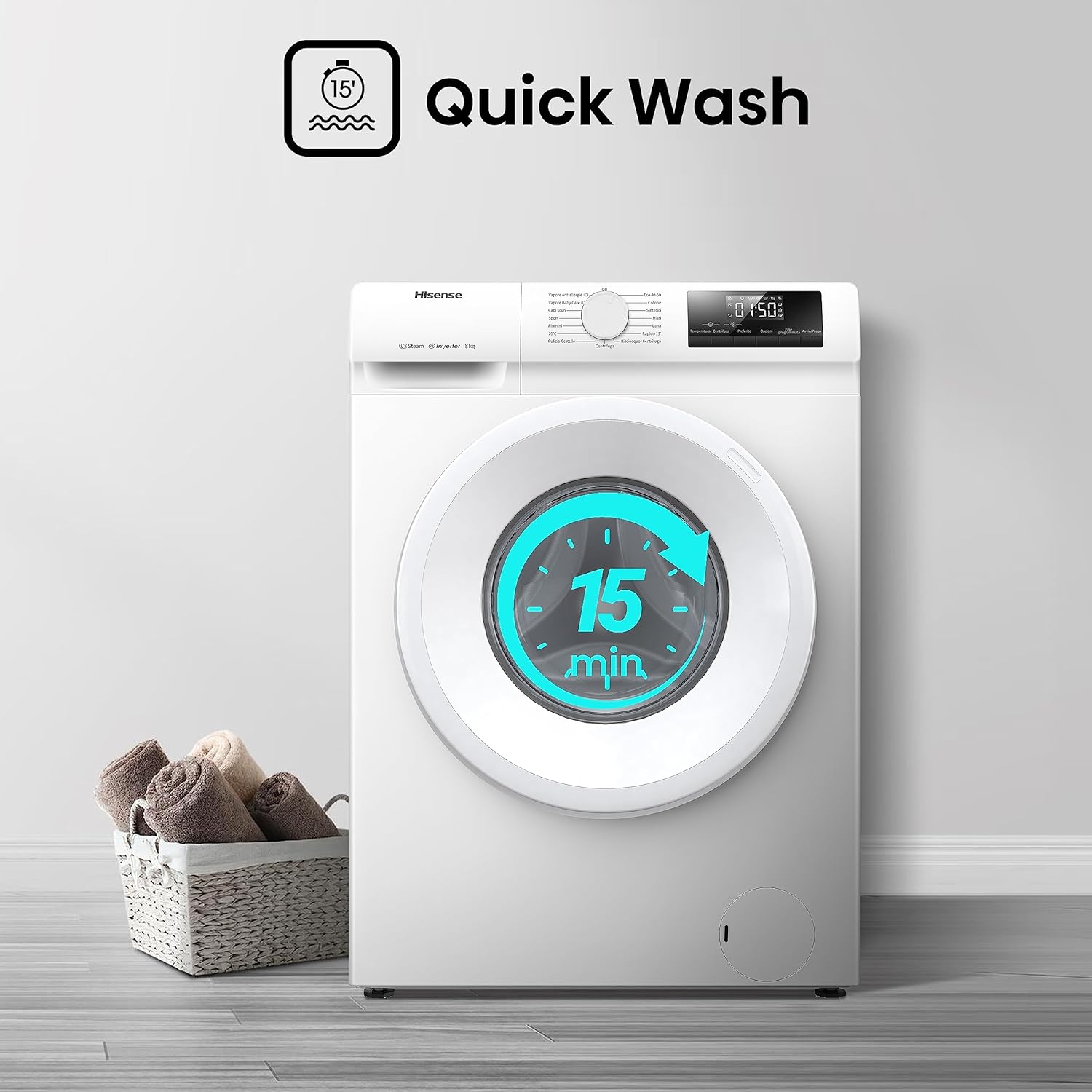 Hisense WFVB7012EM Front Load Washing Machine 7 kg 1200 rpm 15 Programs Steam LED Display Rapid Program Delay Start Child Lock