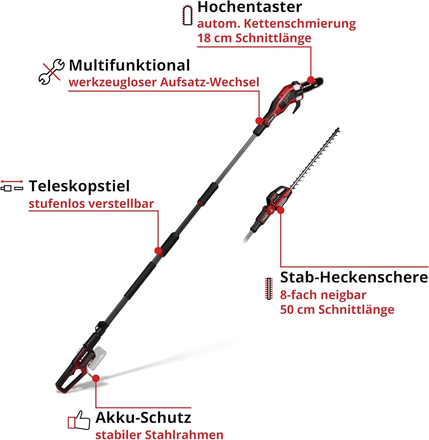 Akku-Multifunktionswerkzeug GP-HC 18/5020 Li T BL-Solo mit 2-in-1-Aufsätzen, Heckenschere 50 cm und Hochentaster 18 cm