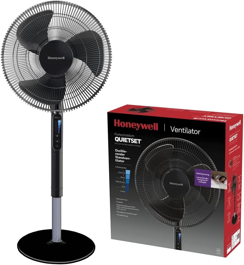 Honeywell Advanced QuietSet Oszillierender Standventilator (5 Geschwindigkeitseinstellungen, Timer-Funktion, Oszillation 70°, Höhenverstellung, Fernbedienung, Einfach zu benutzen) HSF600B