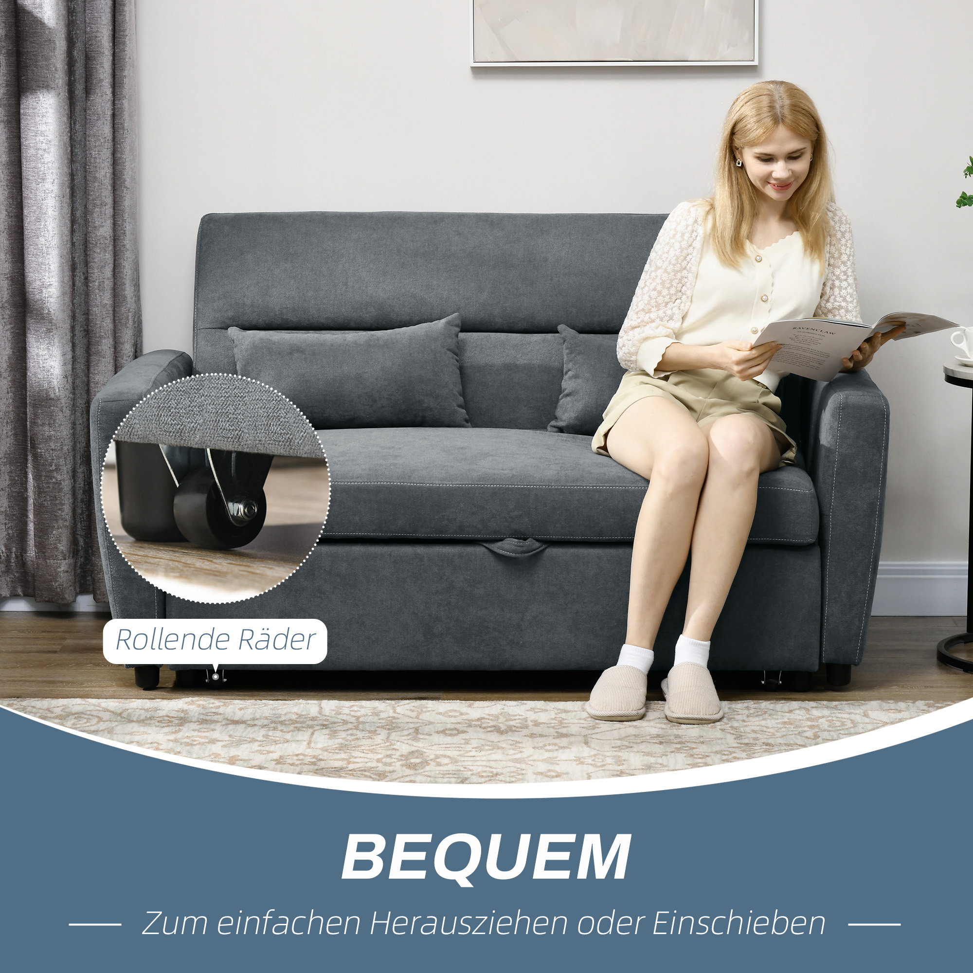 Uitklapbare slaapbank, 2-zits, tot 200 kg, Houten frame, 155x90x88,5cm, Donkergrijs