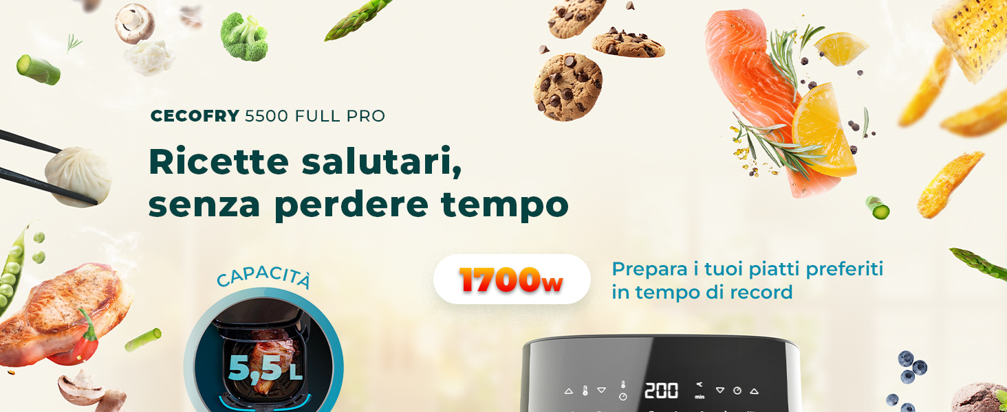 Cecotec Friggitrice ad aria da 5,5 l, Air Fryer, Cecofry Full InoxBlack 5500 Pro