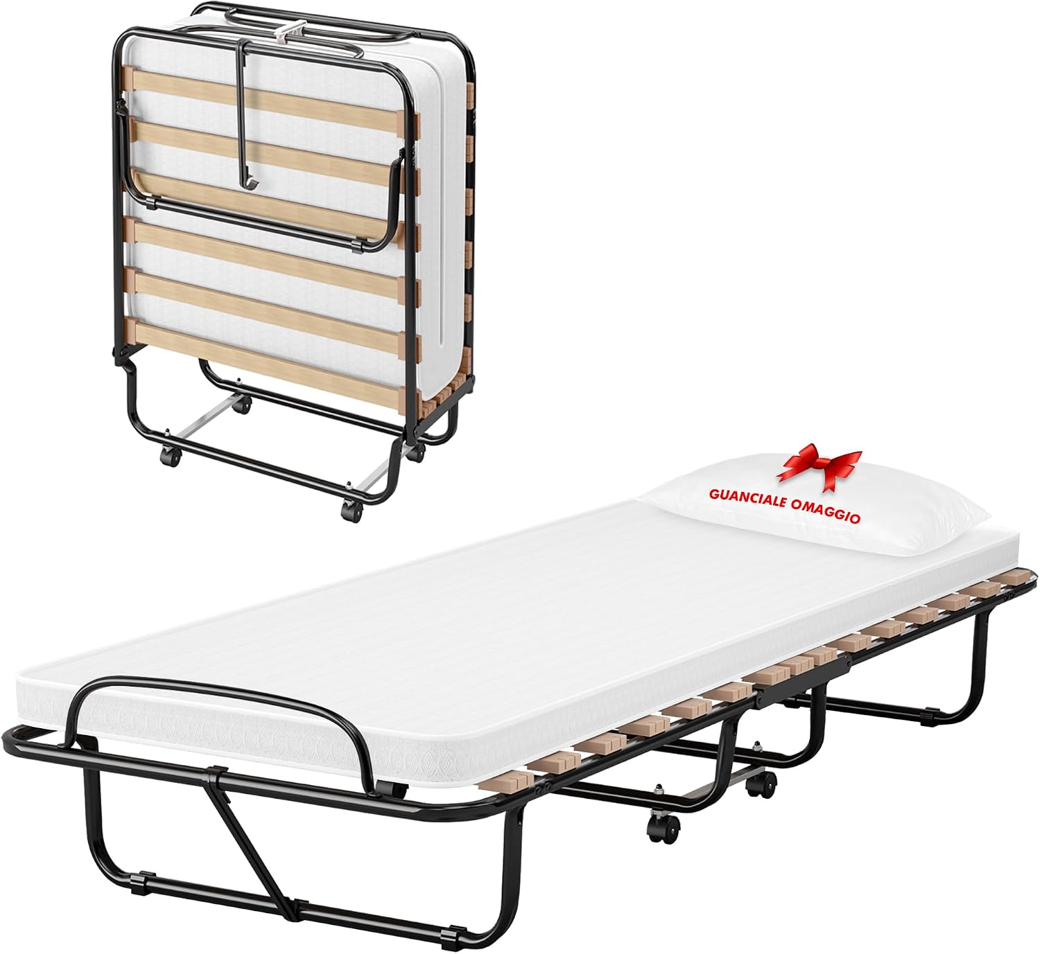 Brandina Pieghevole A Doghe Con Materasso Letto Ospiti Struttura Resistente Con Ruote Prodotto Italiano Branda Ortopedica Richiudibile 80x190 Cm Trasportabile In Omaggio Cuscino e Cover Protettiva