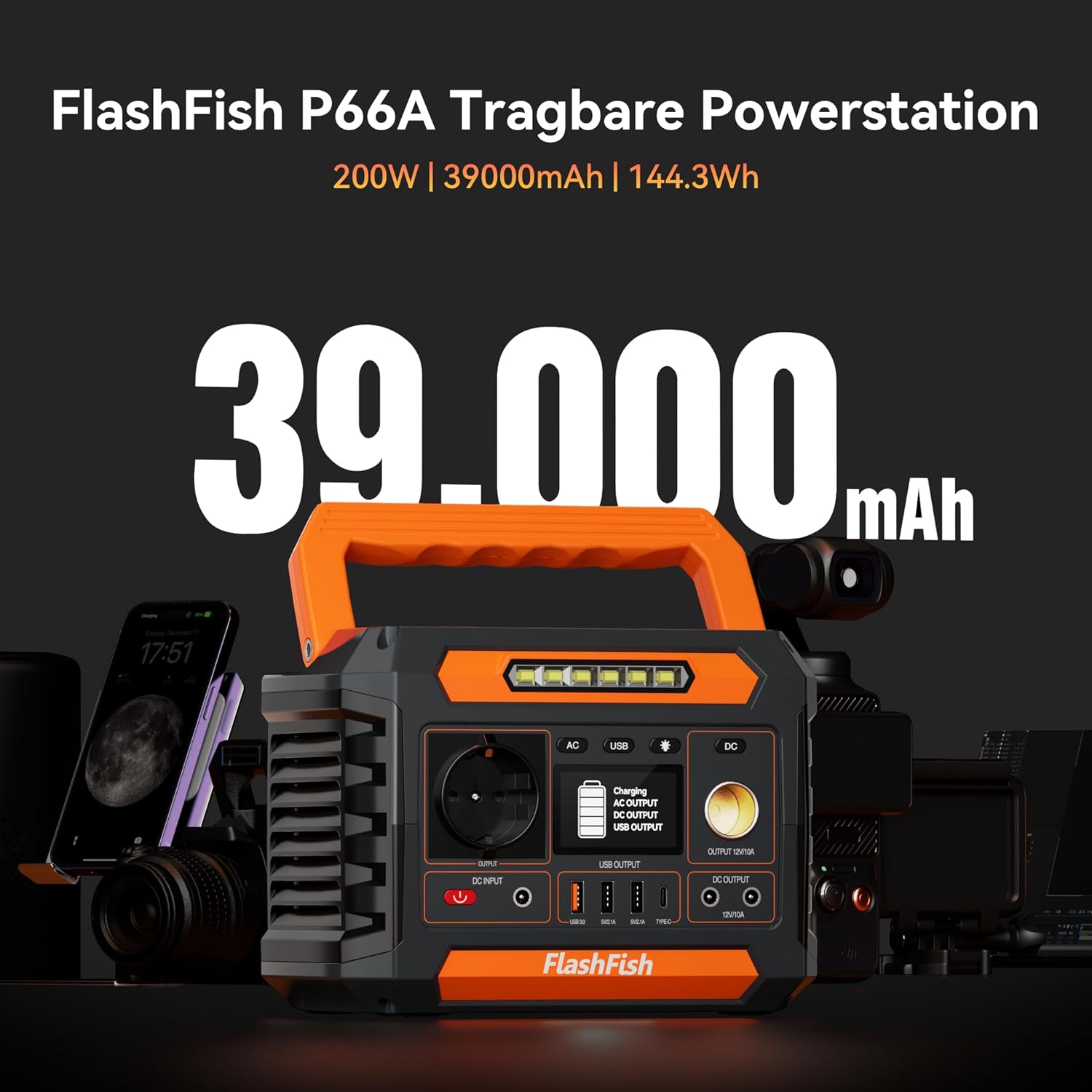 FlashFish - Power station portatile da 144,3 Wh con pannello solare, 60 W, 200 W, con 230 V AC/DC/USB/tipo C/LED, generatore di corrente per campeggio, viaggi, viaggi, in viaggio, alimentazione di