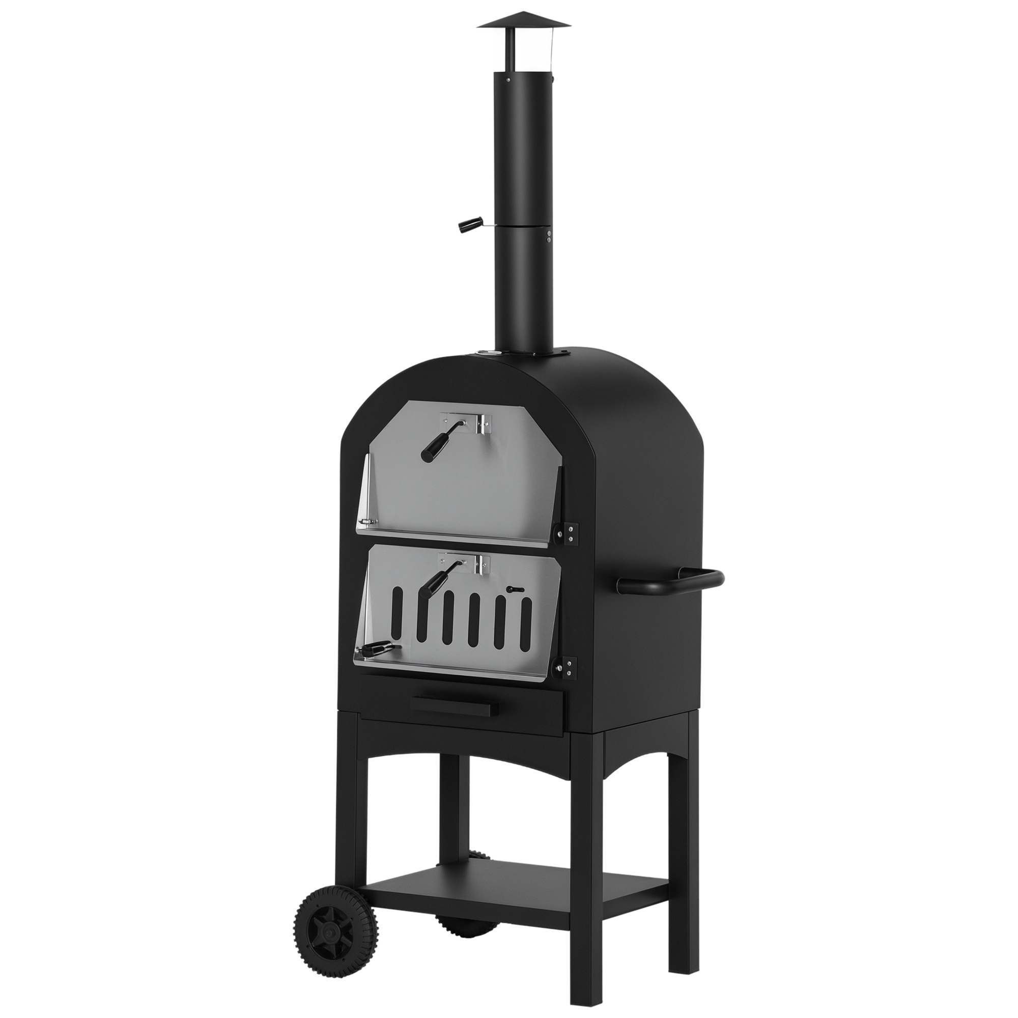 Outsunny 2-In-1 Pizzaofen Outdoor mit Rollen Grillofen mit Schutzhülle Pizzaschaufel 2 Grillnetzen Grillwagen mit Schornstein 3-Tier Holzbackofen für BBQ Stahl Schwarz+Silber 63 x 54 x 161 cm