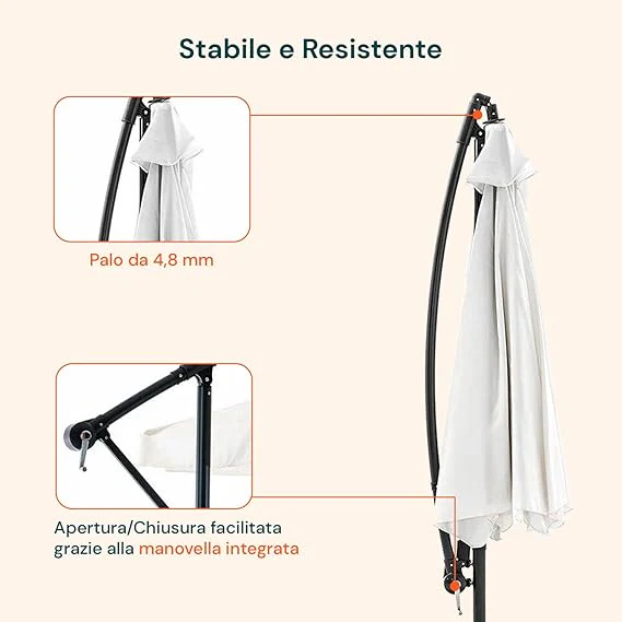 Ombrellone Rotondo ø3m Bianco Con Braccio Laterale In Acciaio E Manovella
