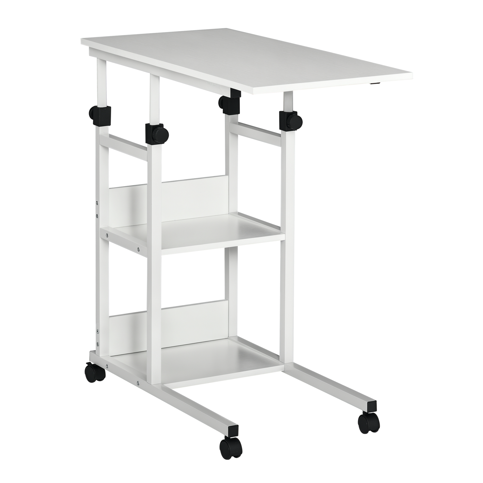 HOMCOM Beistelltisch mit Rollen, höhenverstellbar, kompakt, 2 Ablageböden, Metallrahmen, 80x40x72-82 cm, Weiß