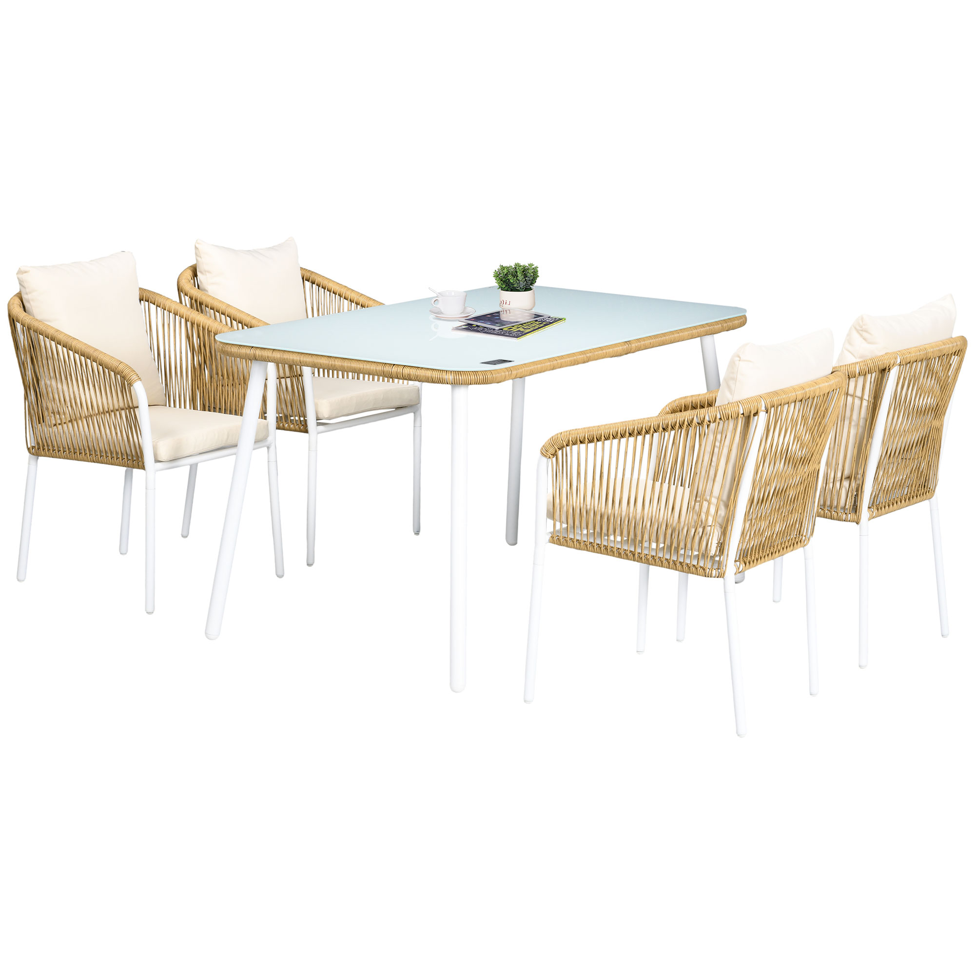 Outsunny Gartengarnitur, 5-teilig, Rattanoptik, Sitz- & Rückenkissen, rostfreier Alu-Rahmen, Gelb/Weiß/Beige