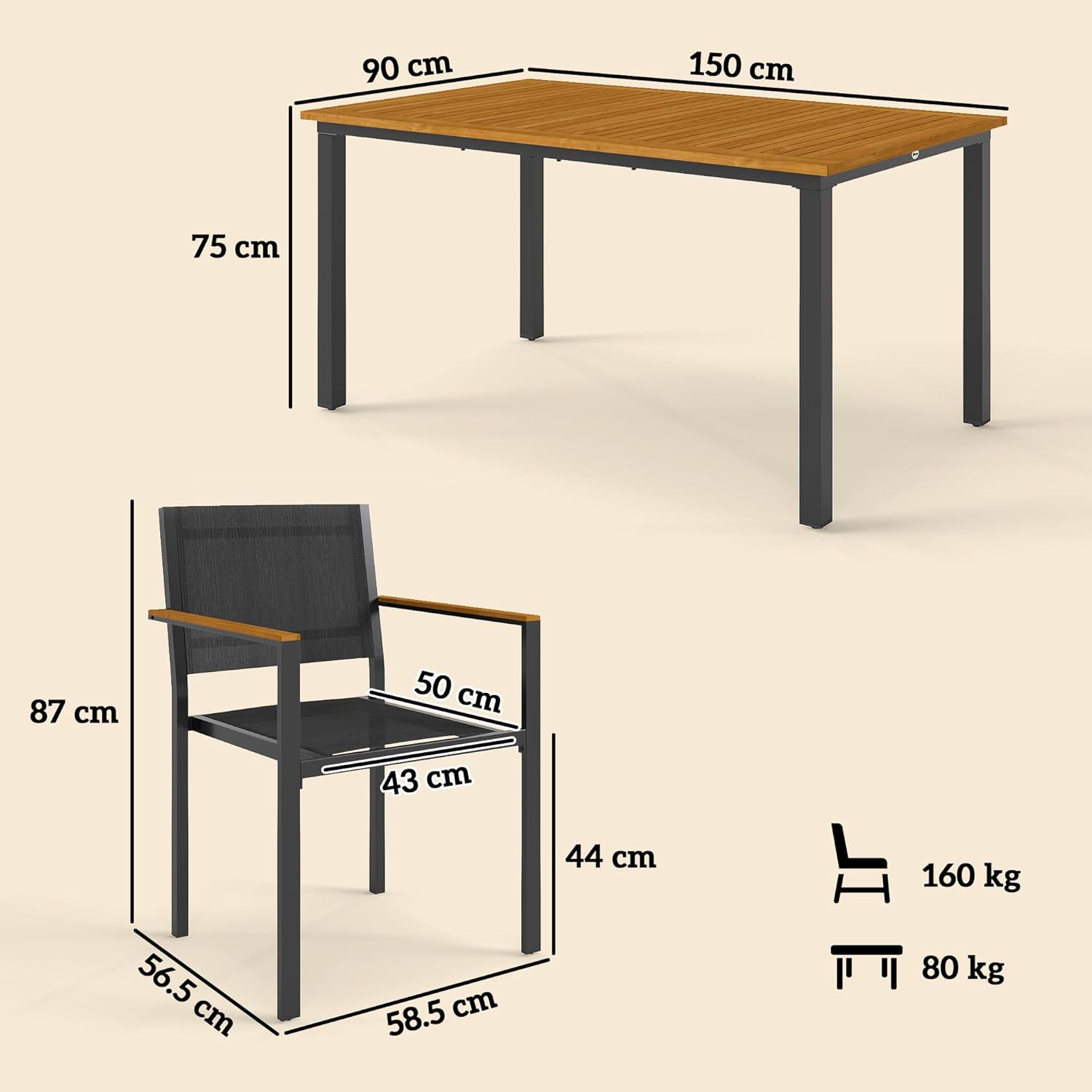 Outsunny Set Tavolo e Sedie da Esterno da 7 Pezzi, Set da Pranzo con Tavolo e 6 Sedie Impilabili con Braccioli, Mobili da Esterno in Acciaio, Texteline e Legno di Acacia per Terrazza, Teak