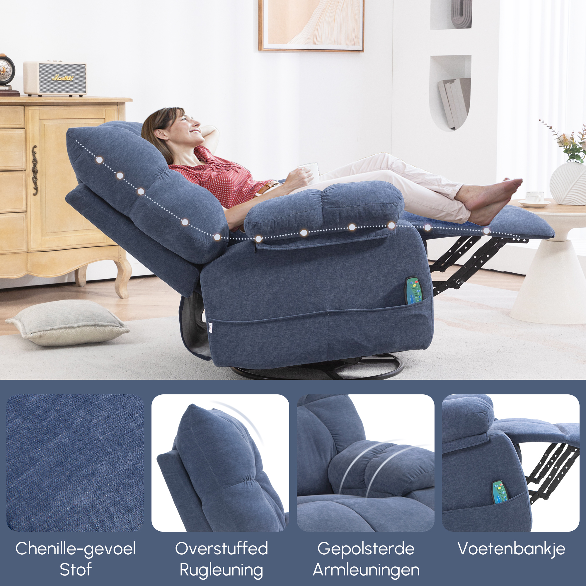 Massagestoel met Warmte- & Ligfunctie, Draaibaar, tot 150 kg, Metalen Frame, 98x90x98cm, Blauw