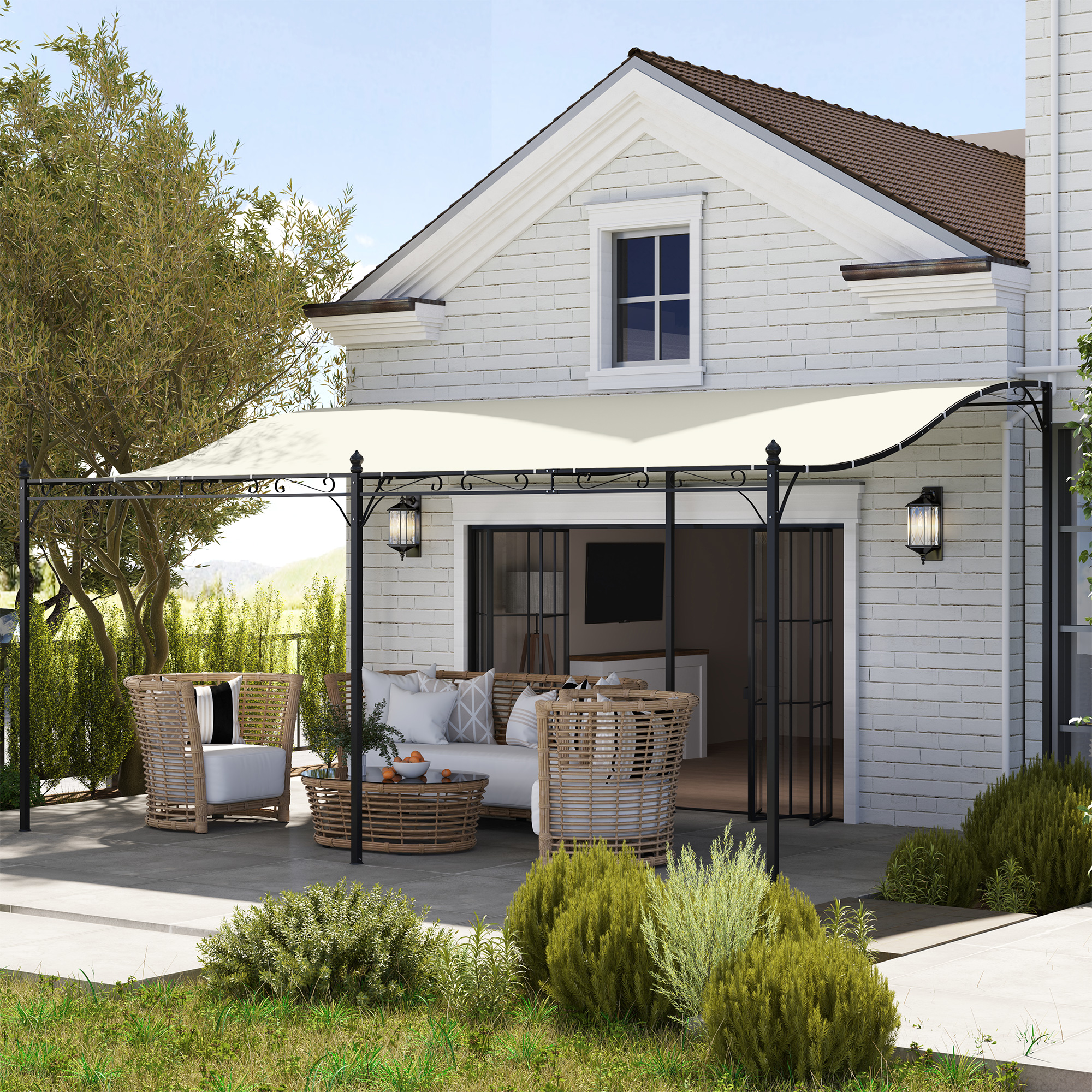 Outsunny 3 x 5 m Pergola, Flexibel Tuindak met Waterdichte Zeil en Metalen Frame, Schaduwplek, Crèmewit