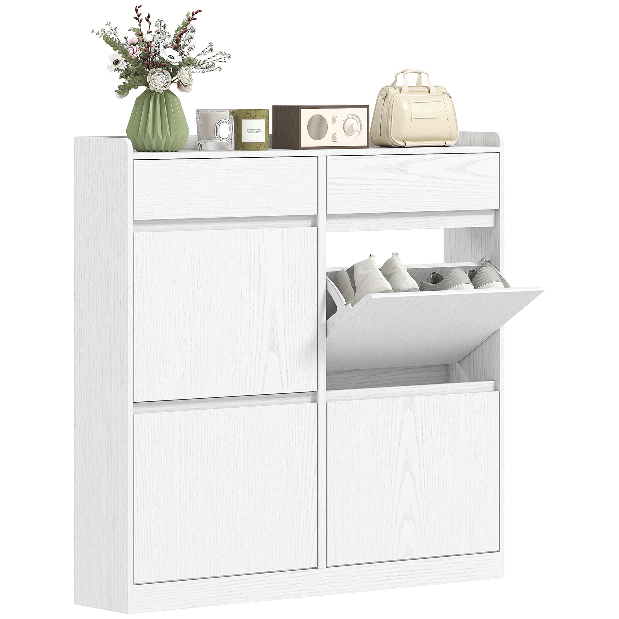 HOMCOM Schuhschrank für 8 Paare mit 2 Schubladen und 4 klappbaren Schubladen, 98 x 19,2 x 95,3 cm, weiß