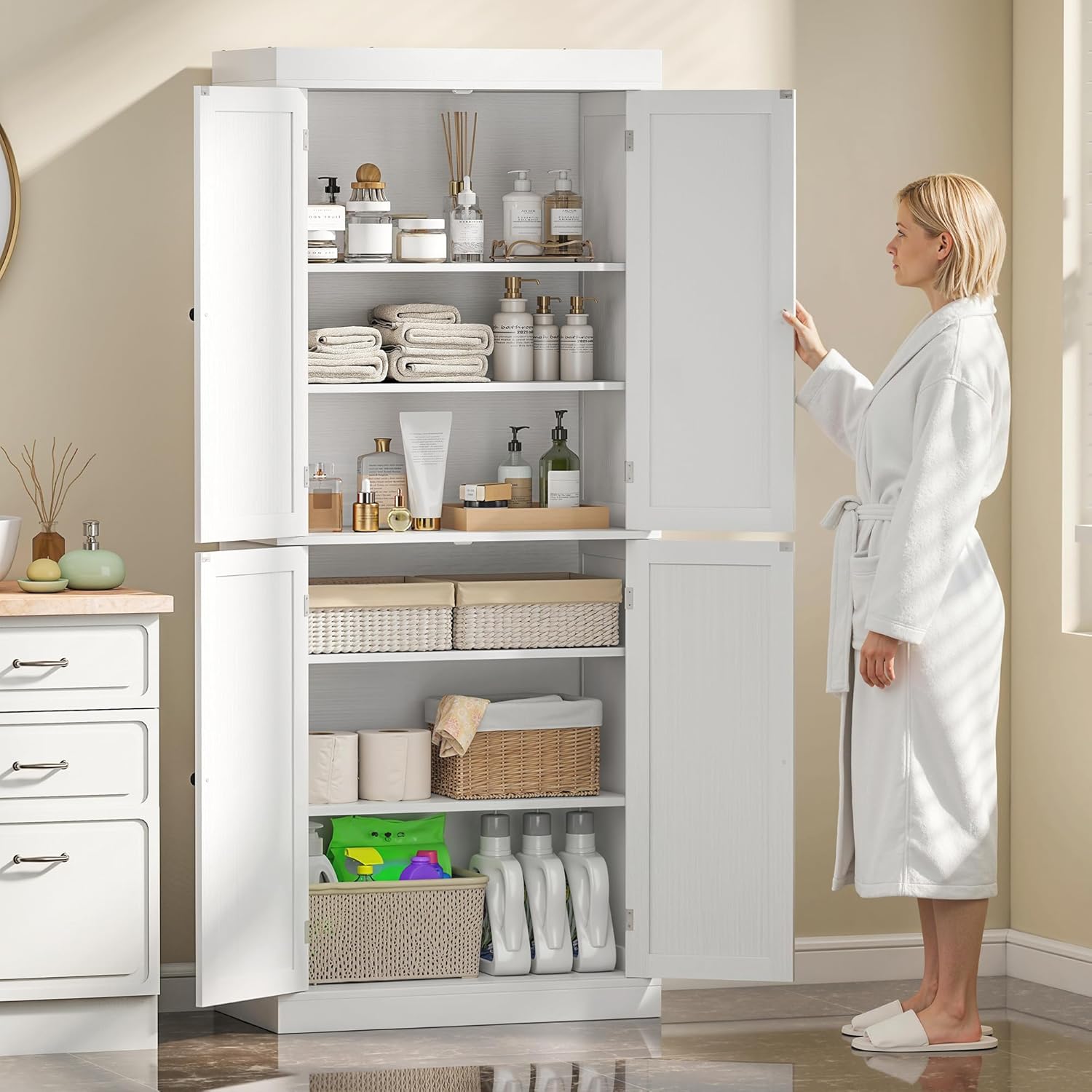HOMCOM Mobile Cucina Alto con 6 Ripiani e 2 Ante, Armadio Dispensa con Ripiani Regolabili in Legno, 76x40.5x184 cm, Bianco