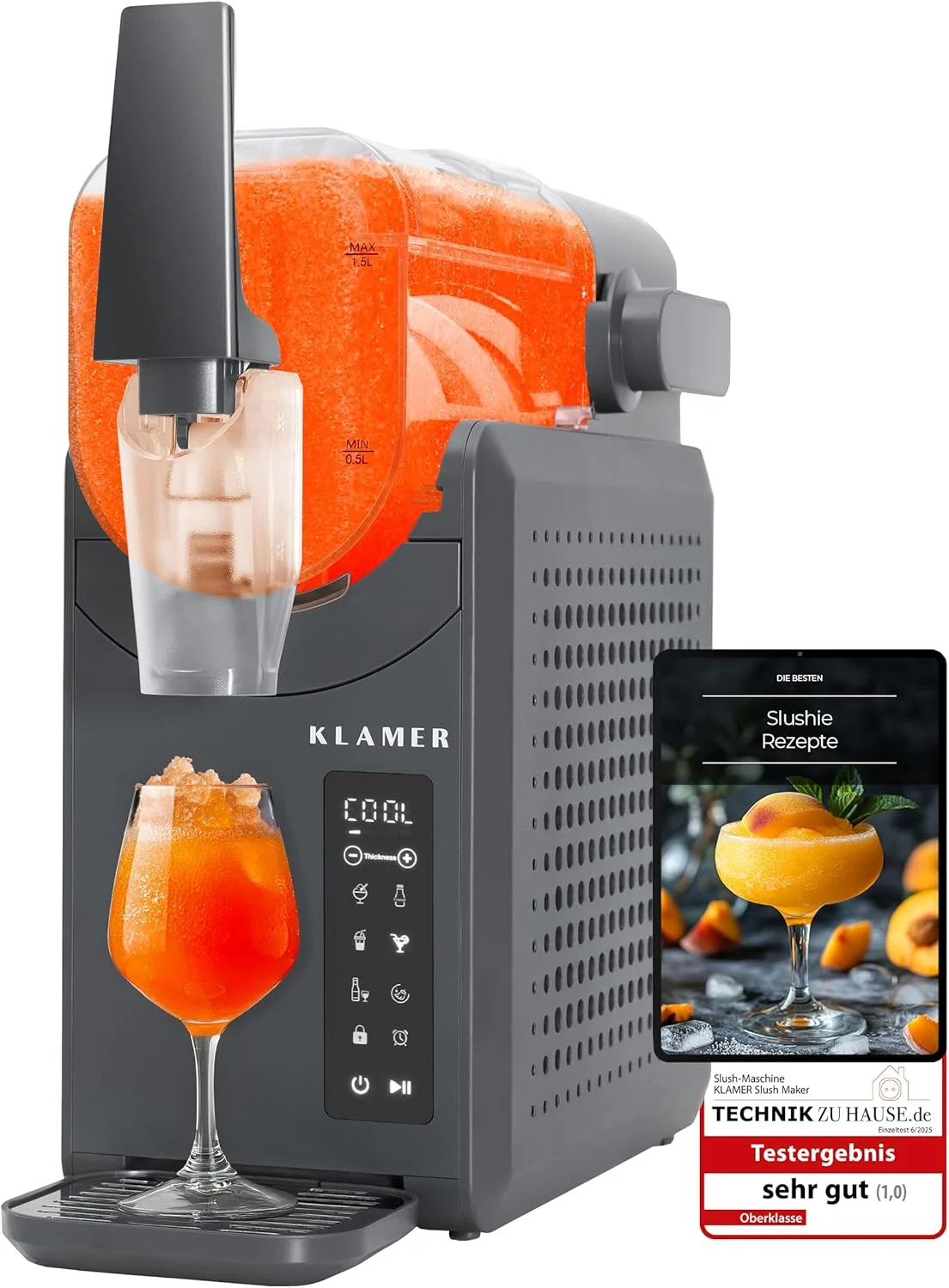 KLAMER Slush Maschine, mit 5 smarten Programmen: Slushie, Cocktail, Milchshake, Frappé, Wein, Automatische Reinigung, 2L Fassungsvolumen, Turbo Freeze, kein Eis erforderlich, mit digitalem Rezeptbuch