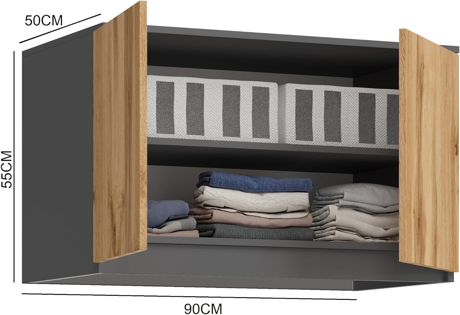 BDW MONIA Wardrobe with 2 Doors 2 Drawers Matt 4 Tier Metal Runners for Bedroom Wardrobe Office (Anthracite/Wotan Oak, 235x90x50)