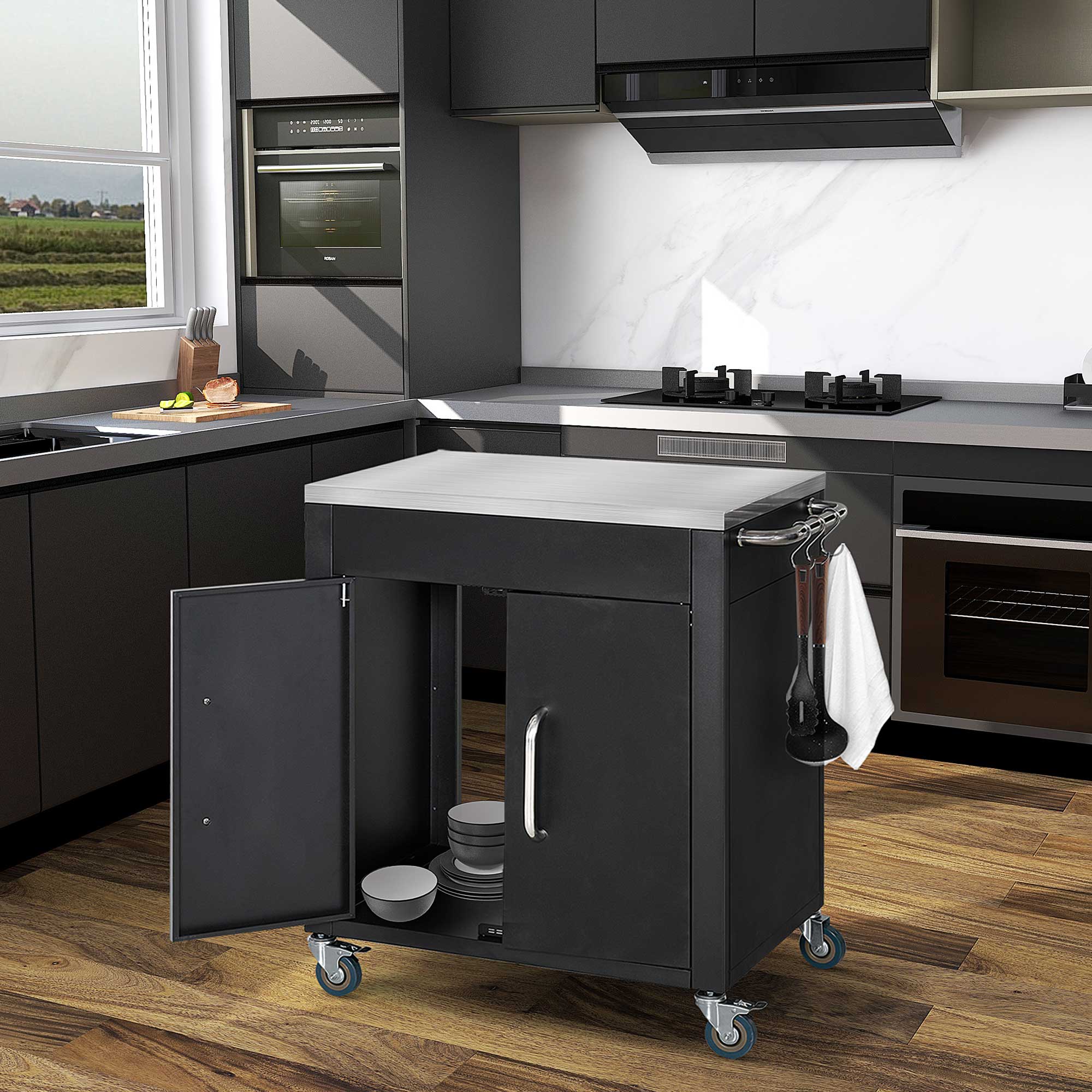 HOMCOM Küchenwagen mit Rollen, Servierwagen, Rollwagen mit Schrank, Haken und Edelstahlgriffe, Küchenhilfe, BBQ Grilltisch aus Edelstahl Küchentrolley, 86 x 50 x 86,5 cm Schwarz