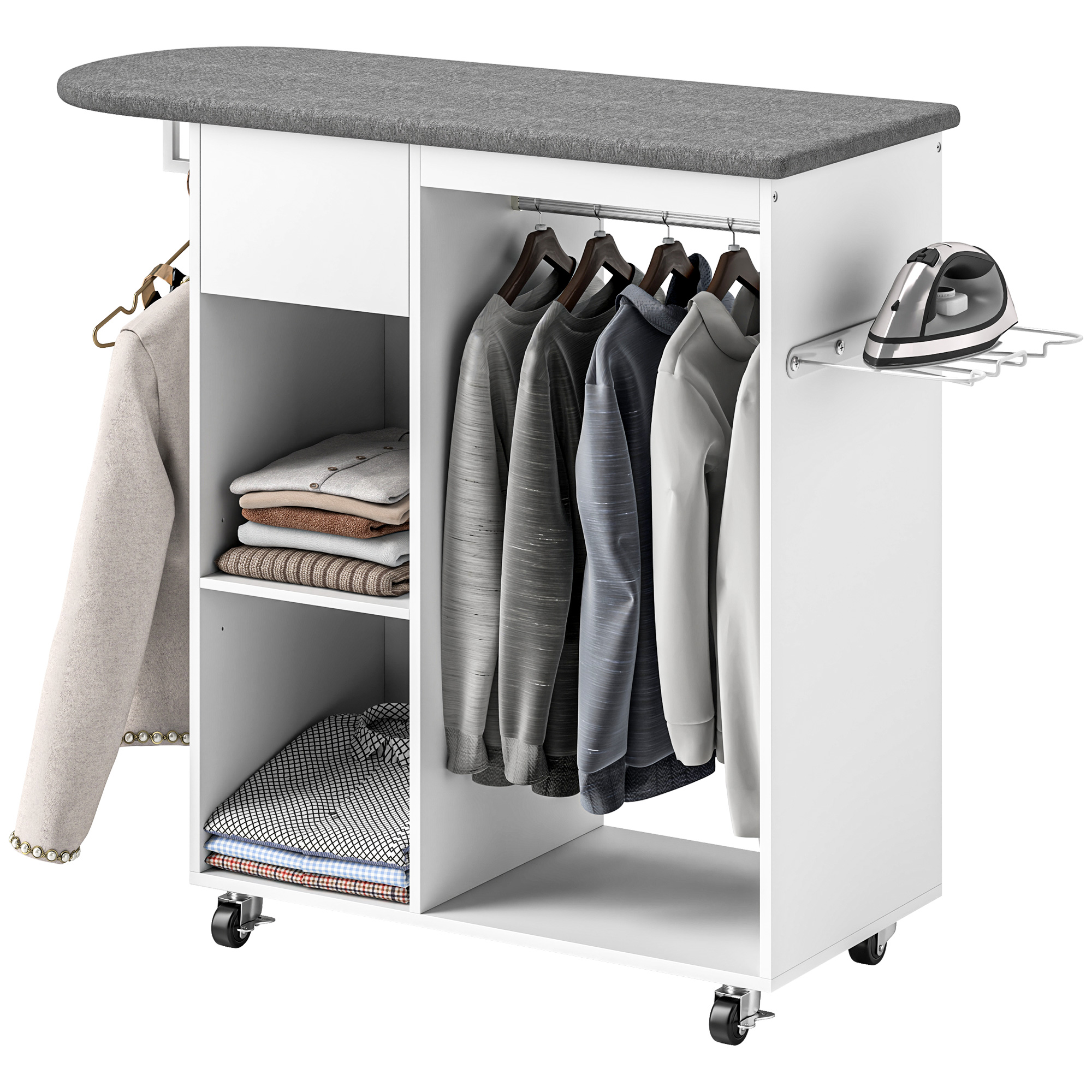 HOMCOM Bügelbrett aus Holz mit Rollen, Kleiderstange und verstellbarem Regal 125 x 43,5 x 112 cm weiß