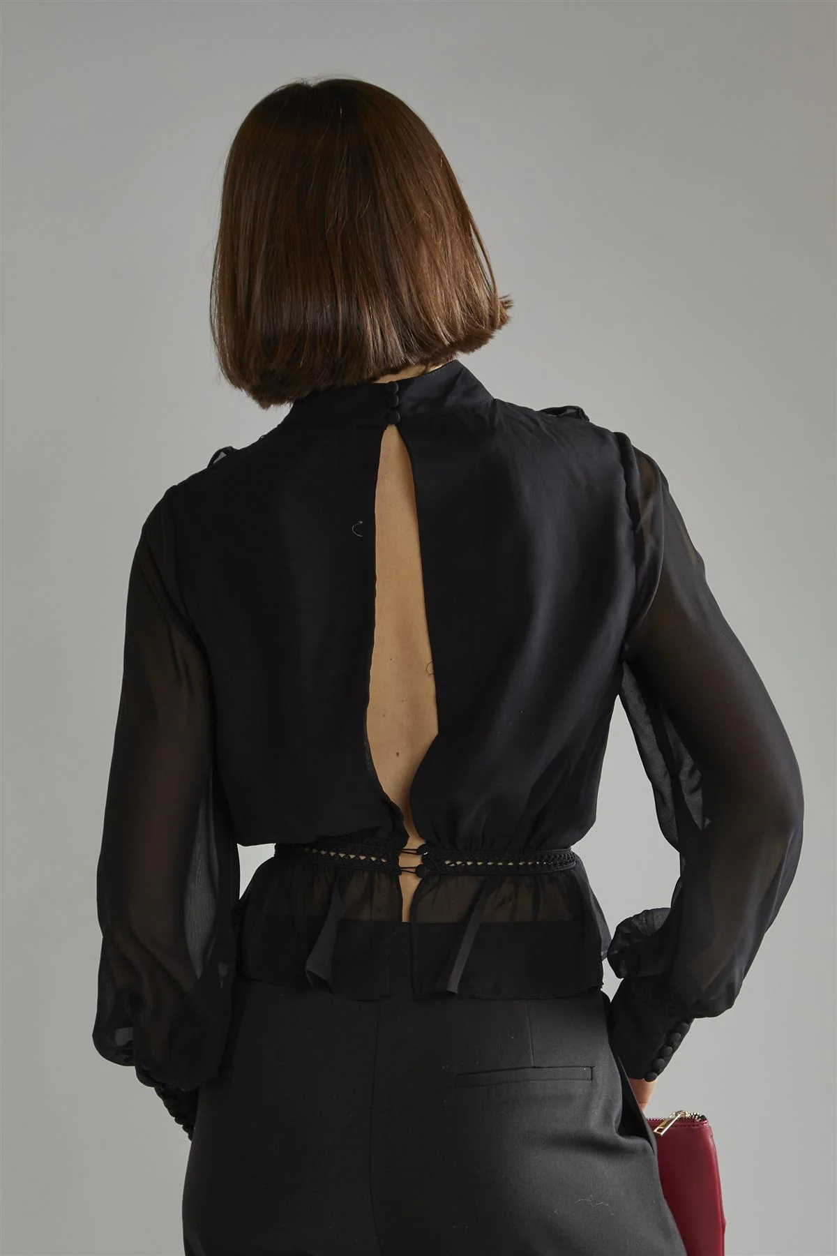 Annika Black Ruffle Detail High Neck Blouse
