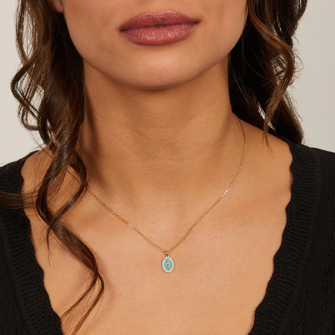 Collana Amen mini medaglia dorata con madonna miracolosa turchese CLMISMGPE