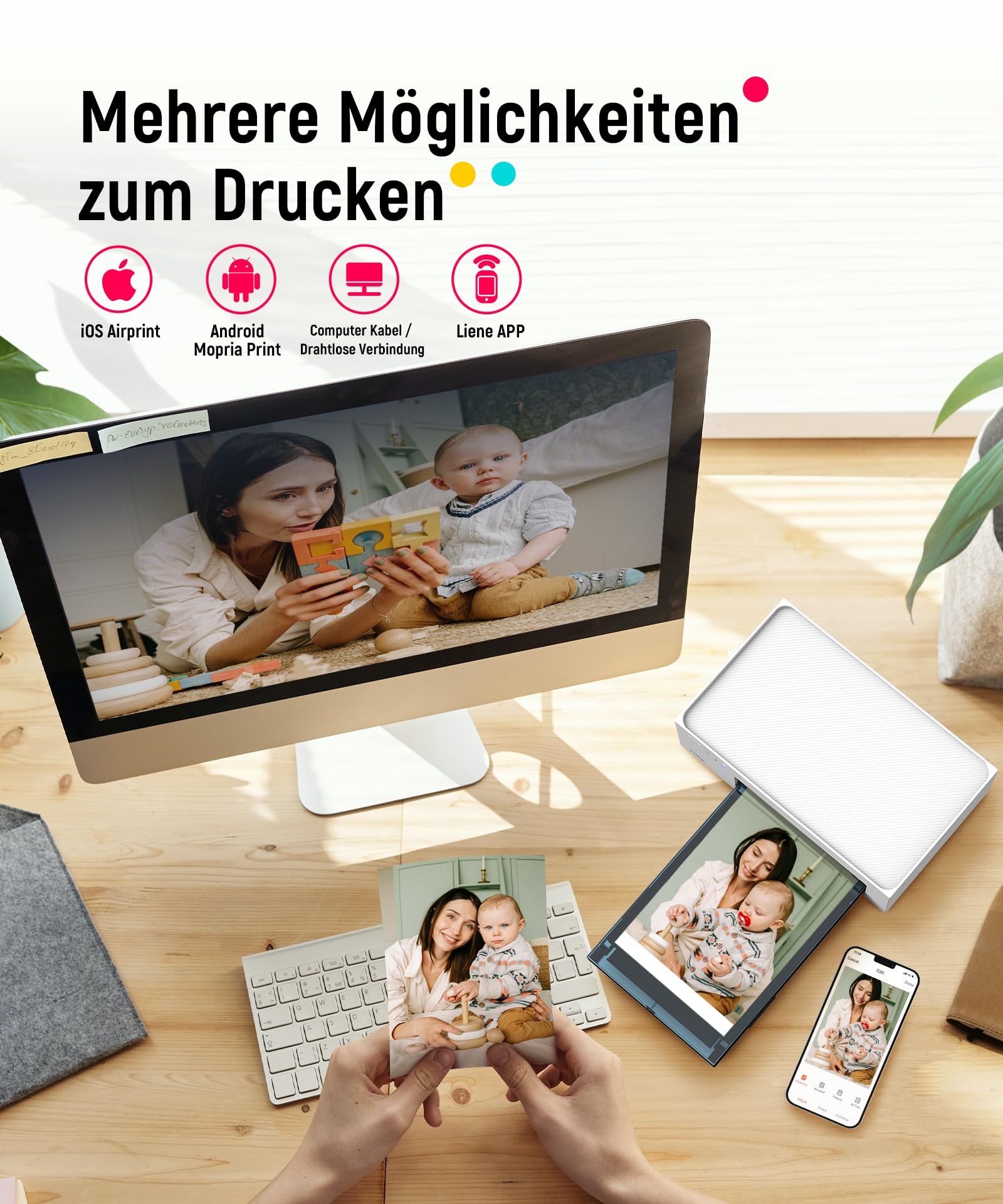 Liene Fotodrucker für Smartphone 10x15 cm 100 Blatt Fotopapier und Patrone WiFi für iPhone Android PC 300DPI