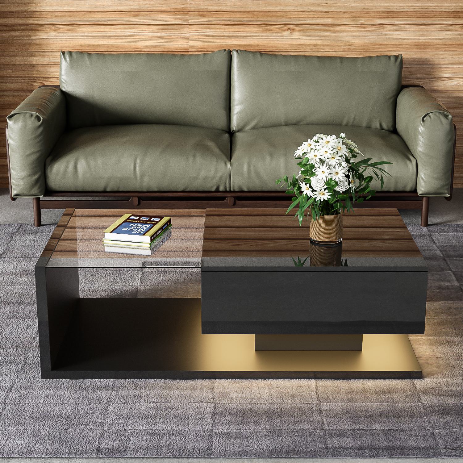 Couchtisch Hochglanz Schwarz mit Glasplatte und LED-Beleuchtung, Modernes Design und Praktisches Ablagefach, schwarz