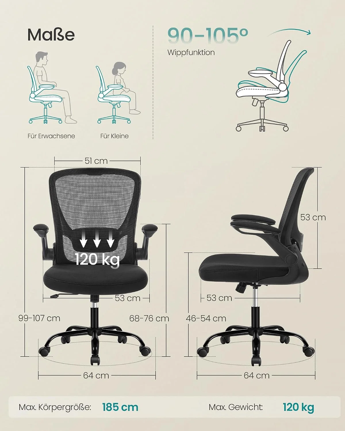 SONGMICS Ergonomischer Bürostuhl mit klappbaren Armlehnen und höhenverstellbarem Sitz