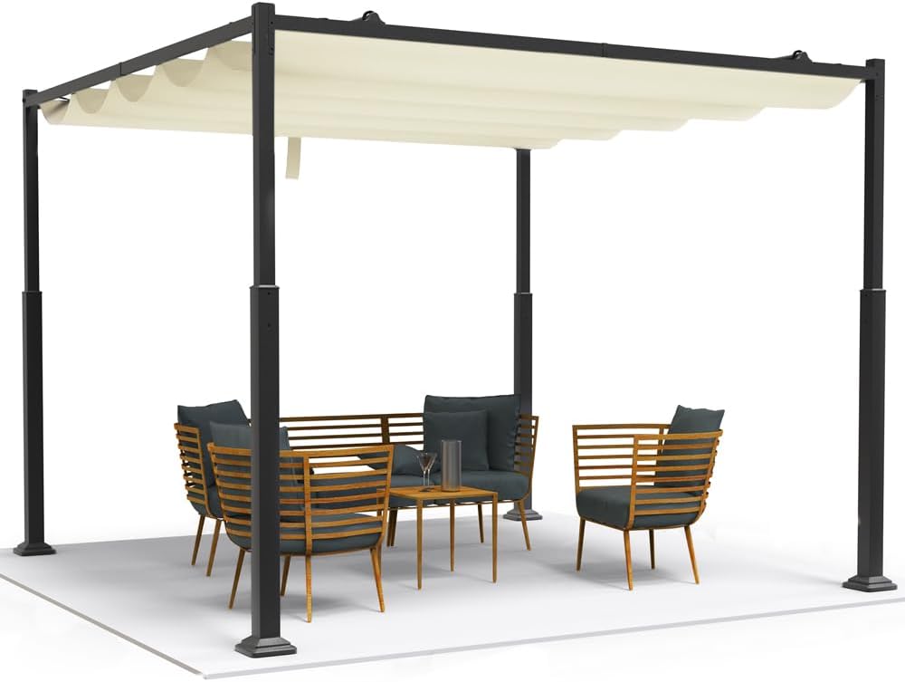 VOUNOT® 3 x 3 m Steel Pergola Gazebo with Retractable Roof, Garden Pergola with Waterproof Folding Polyester Tarpaulin and Rectangular Structure, Awning for Patio Outdoor Terrace, Beige