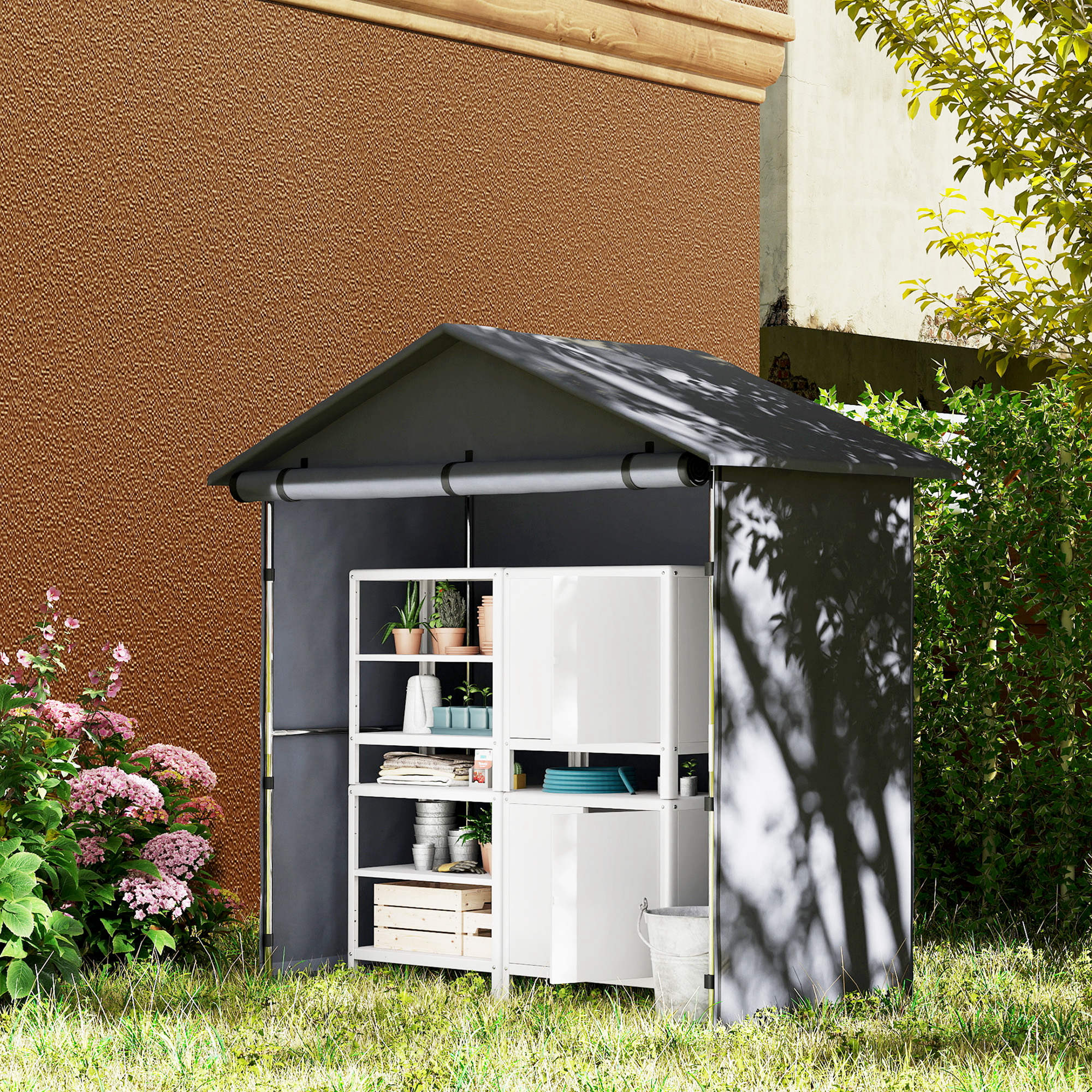 Outsunny Gartenhaus 1,1x2 m mit aufrollbarer Tür, Garten Garage für Fahrräder und Werkzeuge, Dunkelgrau