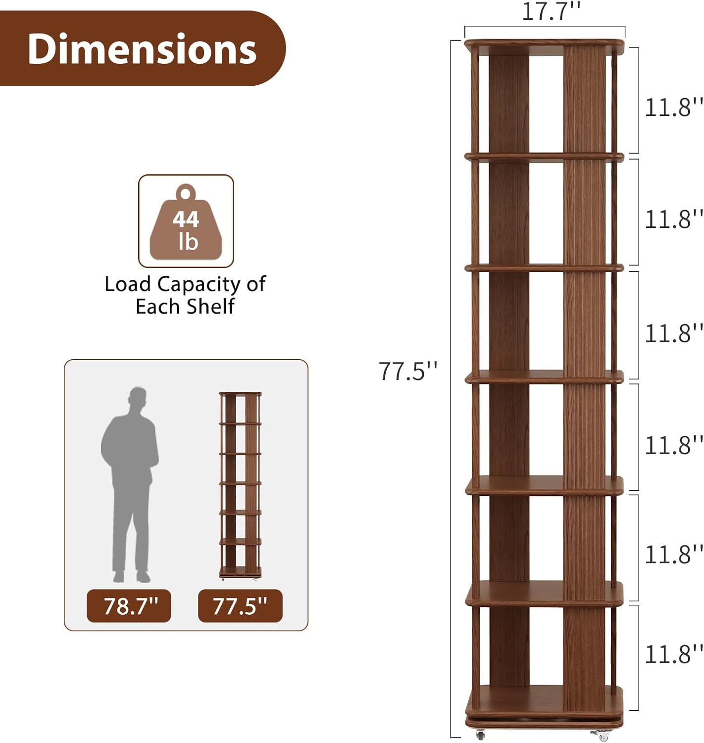 Solid Wood Rotating Bookshelf, 6-Tier Rolling Bookcase，360 Degree Revolving Bookshelf，Spinning Bookshelf Tower for Small Spaces, Bedroom，Office，Living Room，Classroom (Walnut)