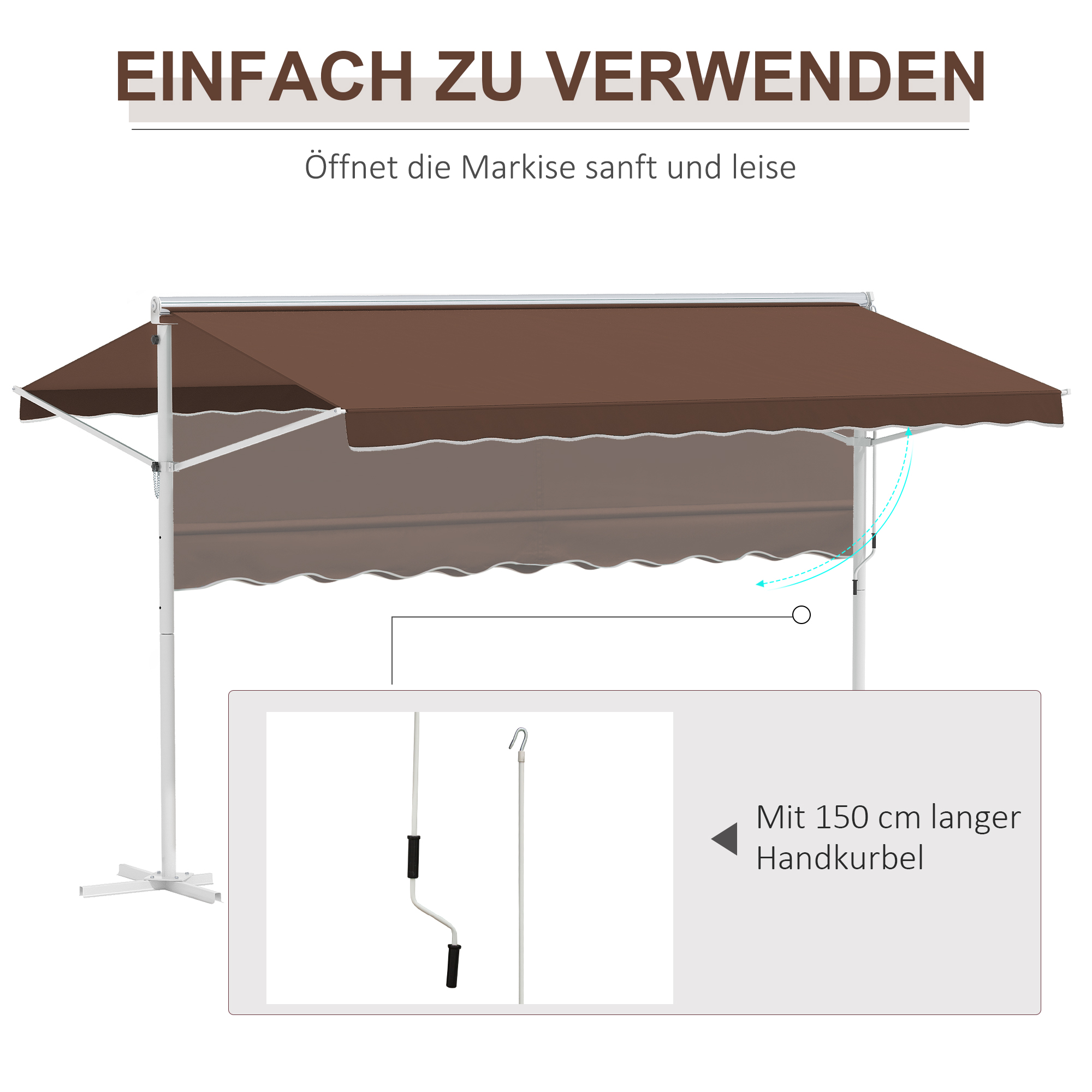 Verstelbare vrijstaande zonnescherm, handmatig bedienbaar, metalen frame, weerbestendig, 4x3m, Cr��me