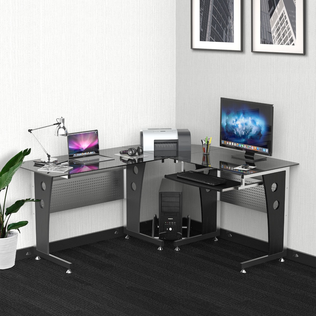 Computertafel hoekschrijftafel PC-tafel kantoortafel met veiligheidsglas