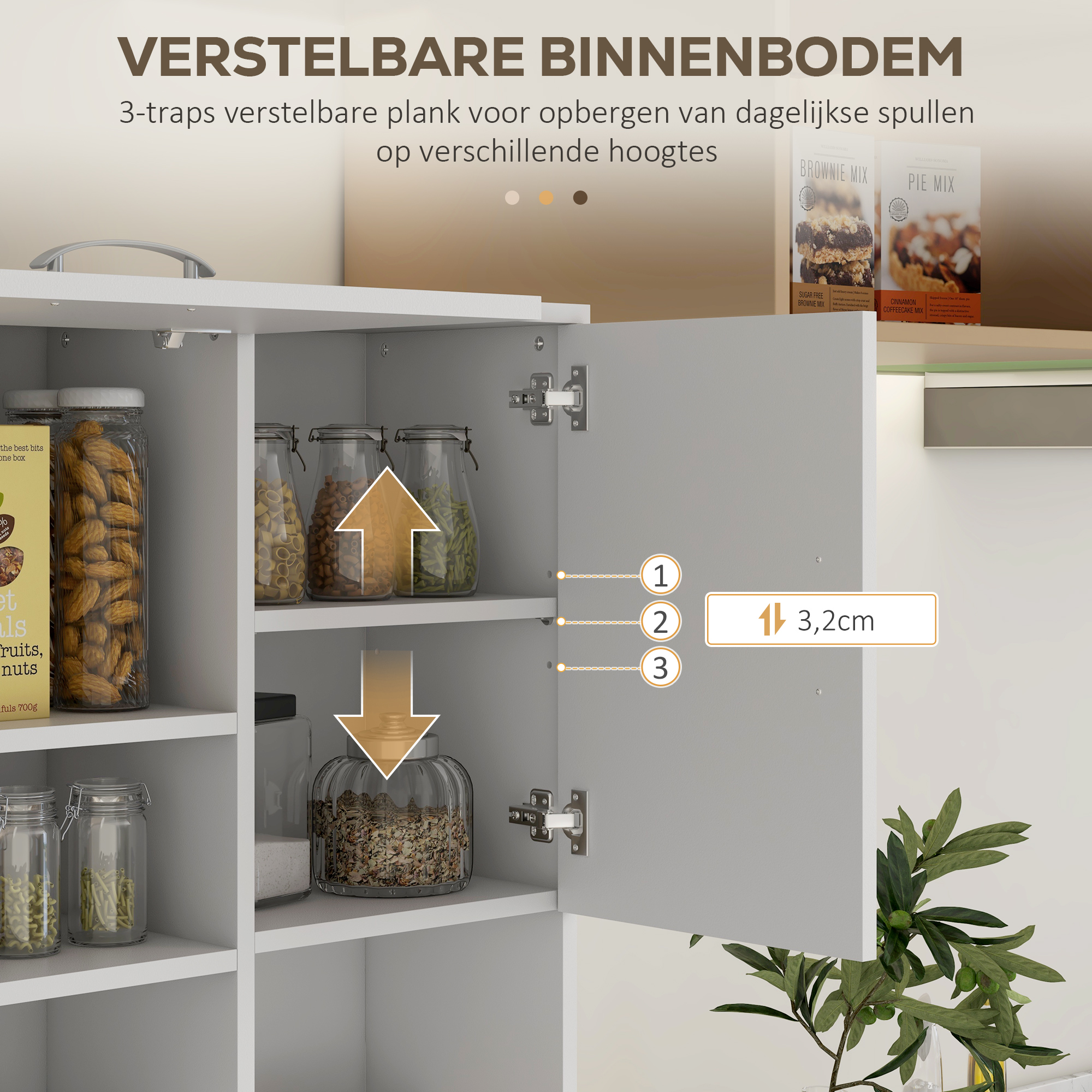 Keukenkast, Buffet, 3 Laden, 3 Planken, Veel Opbergruimte, 89x39,5x168cm, Wit