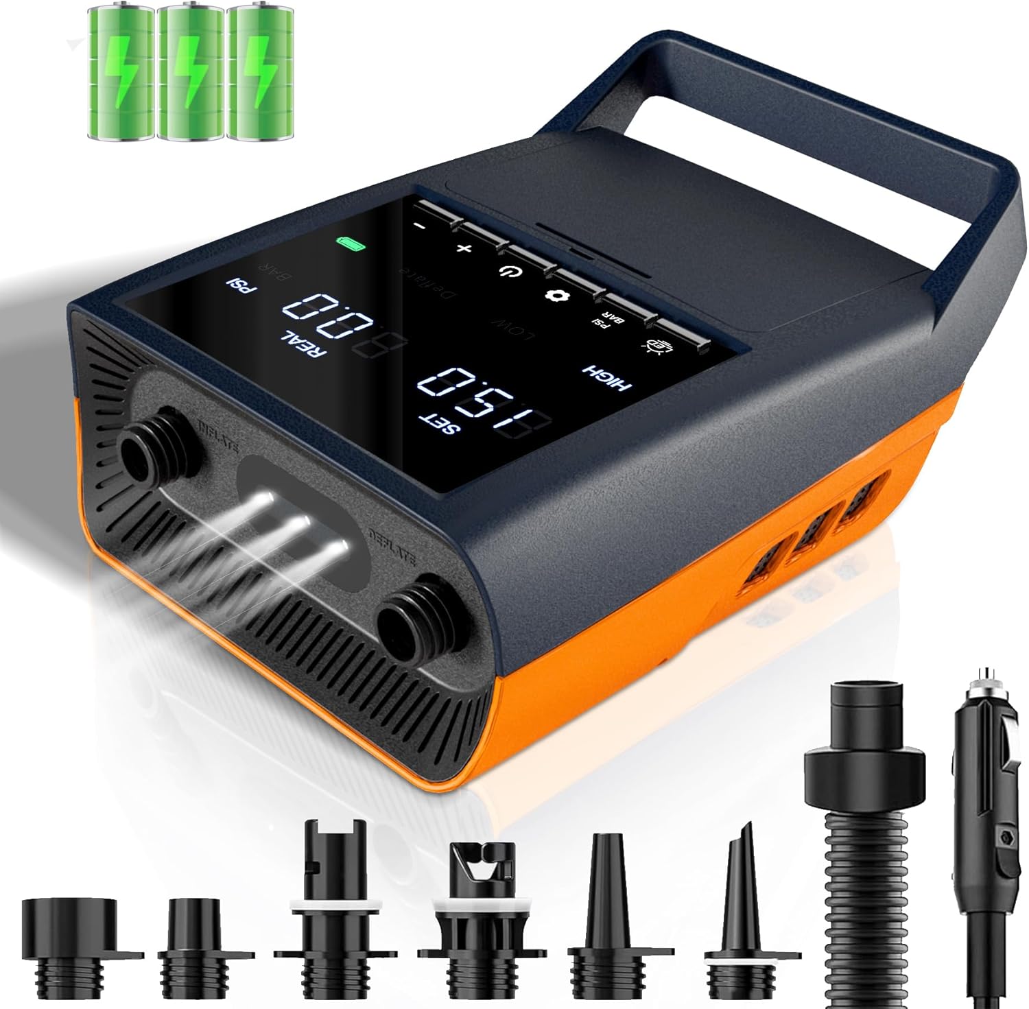 Mojimdo Pompa elettrica per SUP, pompa ad aria ricaricabile da 20PSI, alimentazione di emergenza e luce di emergenza, autospegnimento, 12V DC e Type-C, con 6 ugelli per Stand Up Paddle Boards
