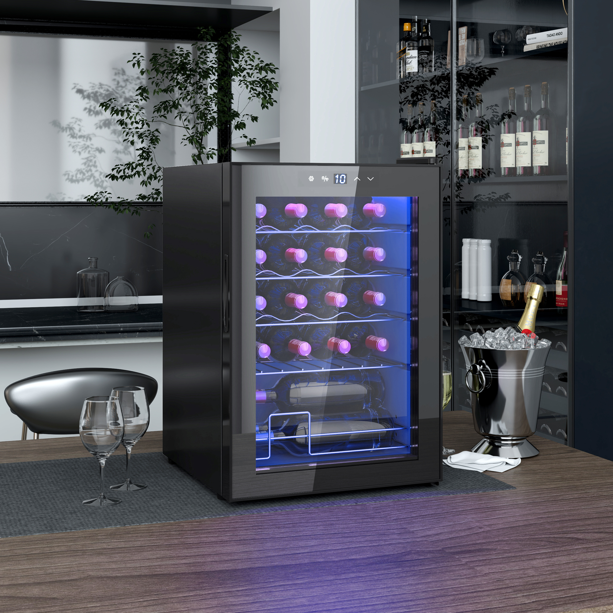 HOMCOM Kleiner Weinkühlschrank, Mini-Kühlschrank für 20 Flaschen, 53 Liter Kapazität, mit Glastür, LED-Beleuchtung, Schwarz