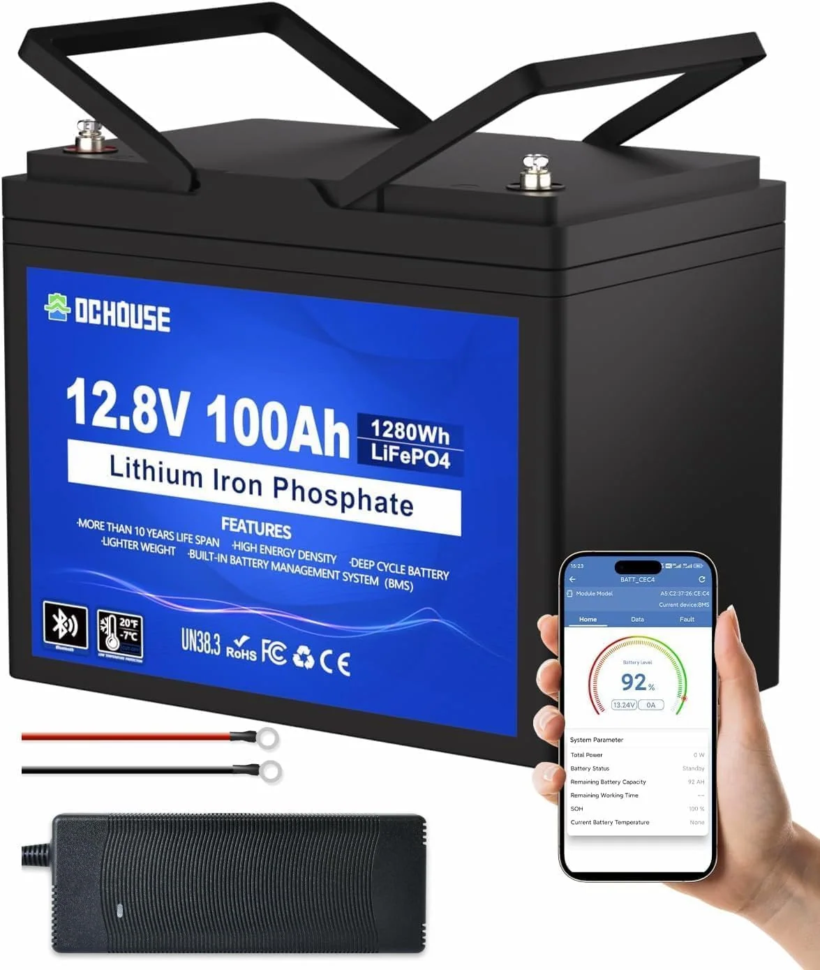 DCHOUSE Autobatterien, 1280 Wh, 100AH, 12 V, Schwarz/Blau, LiFePO4 Bluetooth Lithium Batterie, mit 10A Batterie Ladegeräte