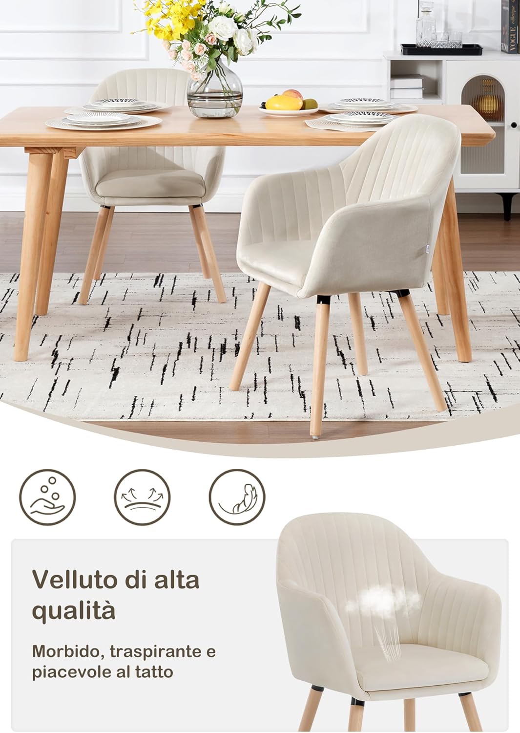 WOLTU Set di 6 Sedie per Sala da Pranzo con Schienale Braccioli Poltrona Imbottita Gambe in Legno Seduta in Tessuto Velluto Crema BH95cm-6