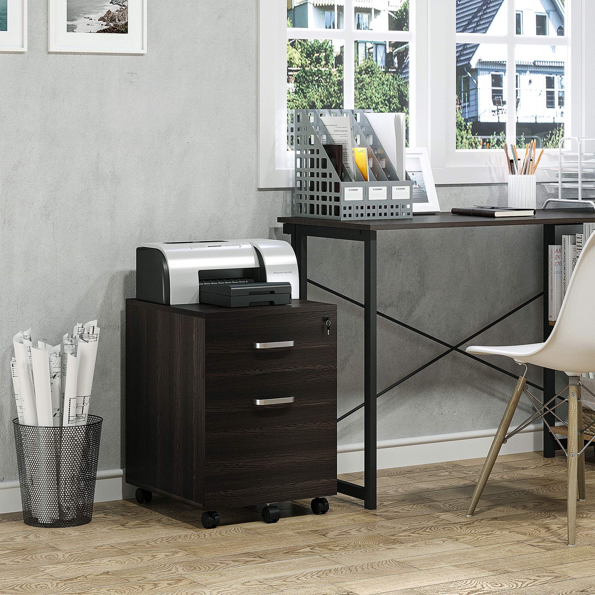 Vinsetto Büroschublade Schubladenschrank für Schreibtisch aus Holz, 2 Schubladen, Schloss mit 2 Schlüsseln, Schwarz, 40x45x55,6cm