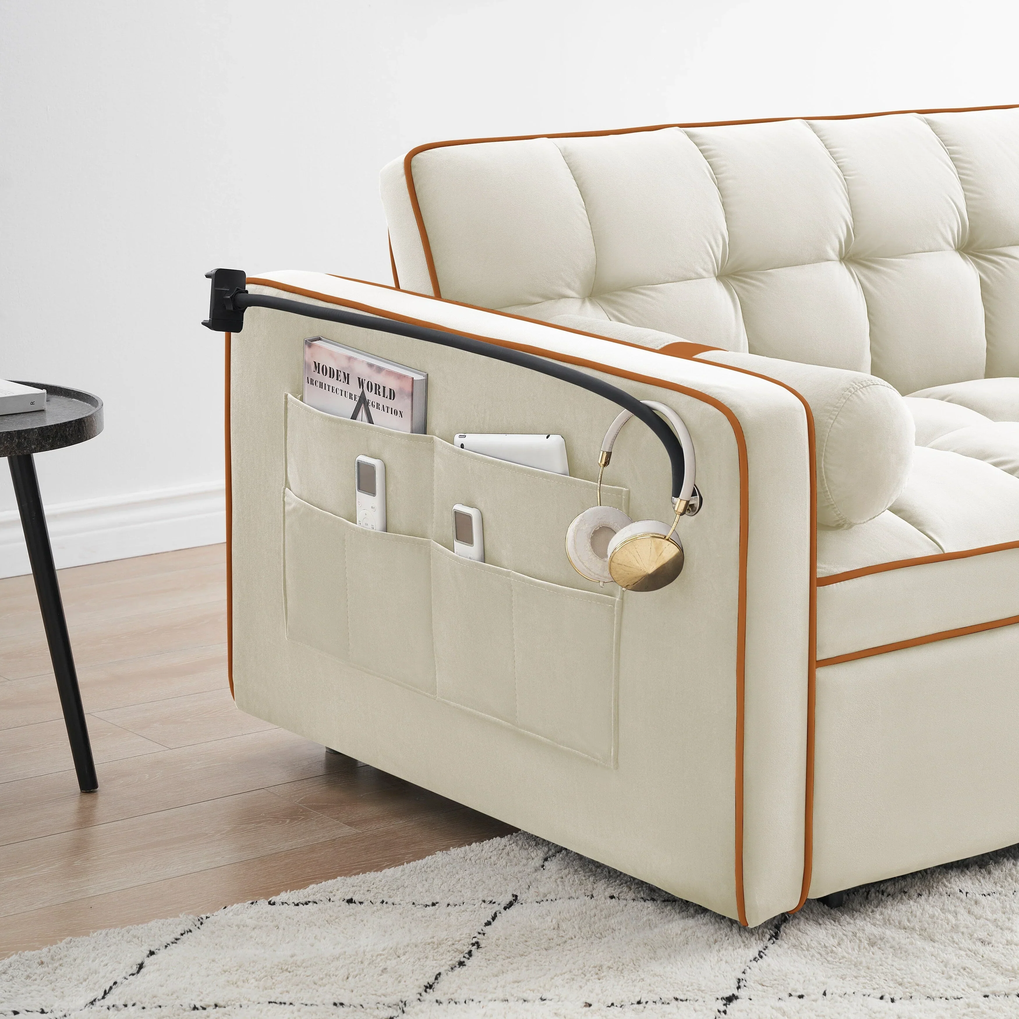 Velvet Convertible 55'' 2-Seater Sleeper Sofa with Pull-Out Bed, Adjustable Recline, Side Pockets, and Phone Holder