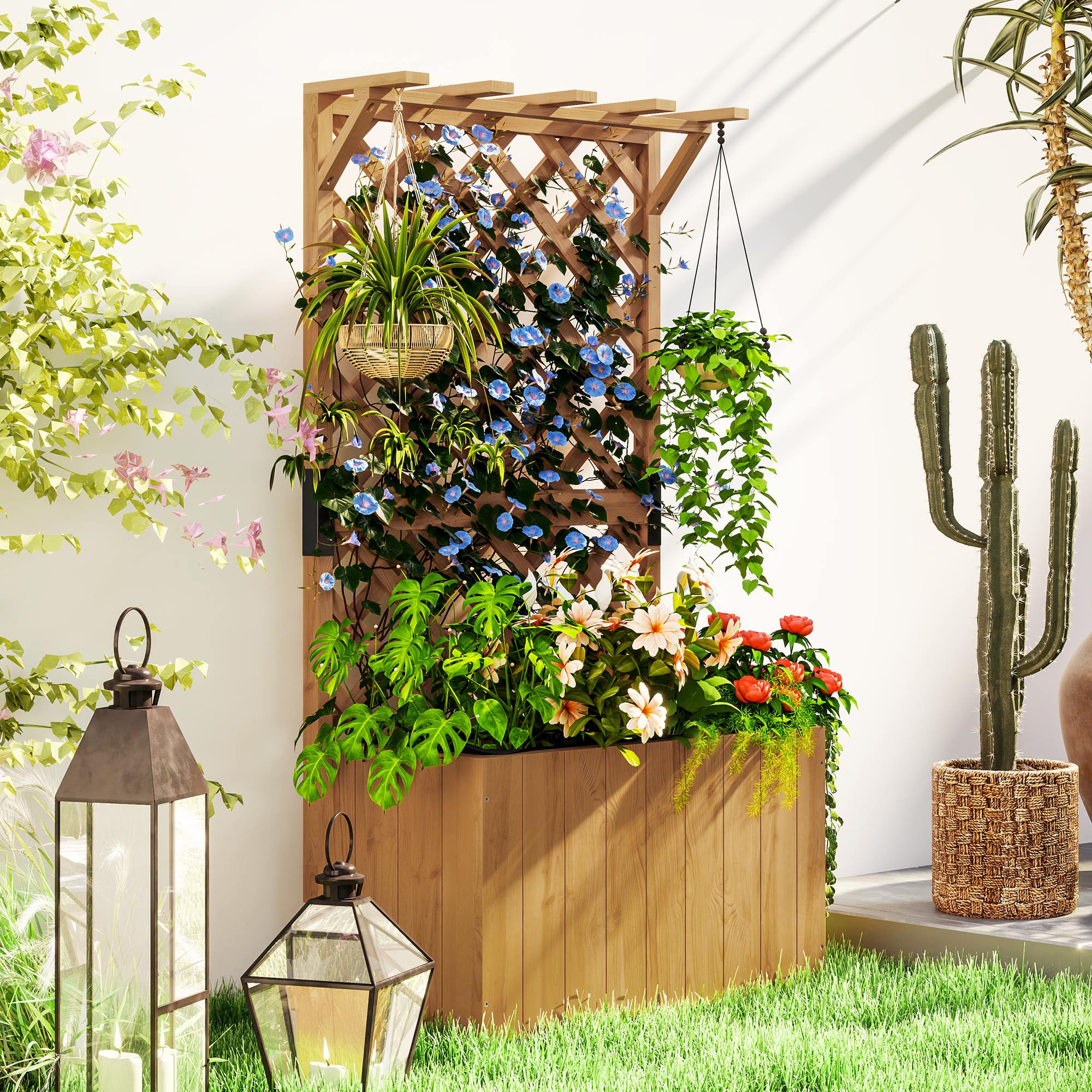 Outsunny Hochbeet Pflanzkasten mit Rankgitter, Spalier Pflanzkübel Blumenkasten Holz, Gartenspalier 64 x 33 x 122cm Naturholz