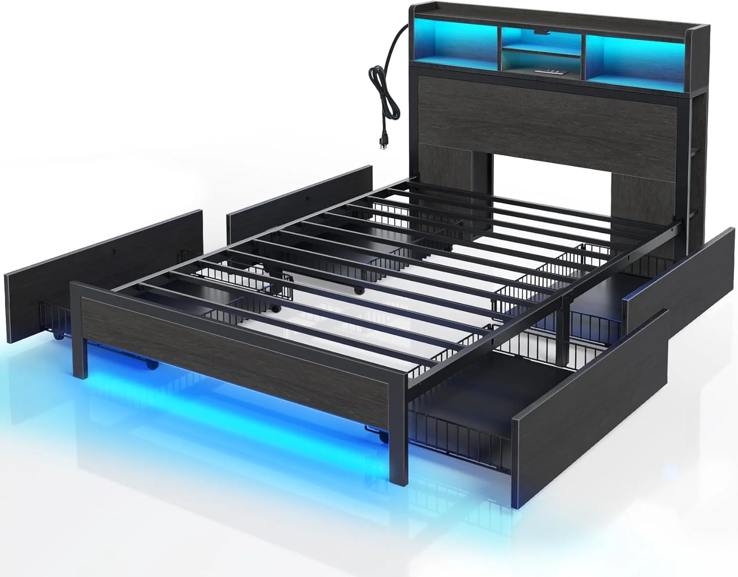 Queen-sized bed frame with storage headboard, metal platform bed with charging device, LED bed frame with 4 drawers, bookcase-style storage cabinet, no spring bed, easy to assemble, noise-free, black