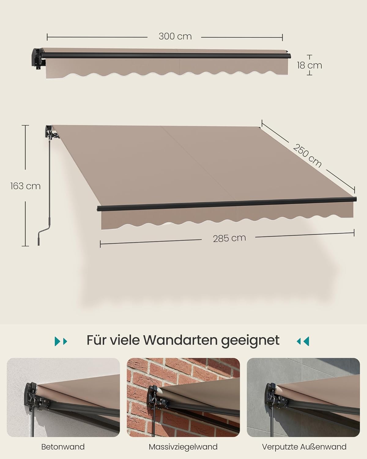 SONGMICS Gelenkarmmarkise, Markise mit Handkurbel, Balkon Sonnenschutz, UPF 50+, Aluminiumlegierung, verstellbar, 300 x 250 cm, gelbbraun GSA306KZ01