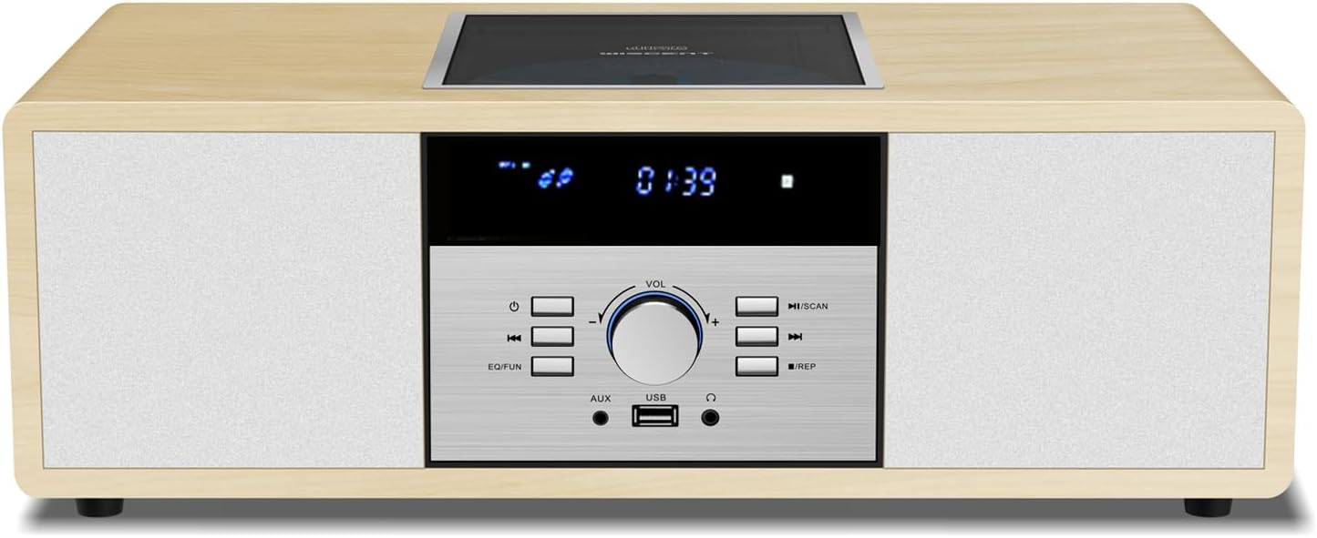 Sistema stereo Bluetooth per la casa con lettore CD, sistema musicale Hi-Fi vintage in legno con Bluetooth, radio FM, ingresso AUX e USB, telecomando, radio e stereo compatti