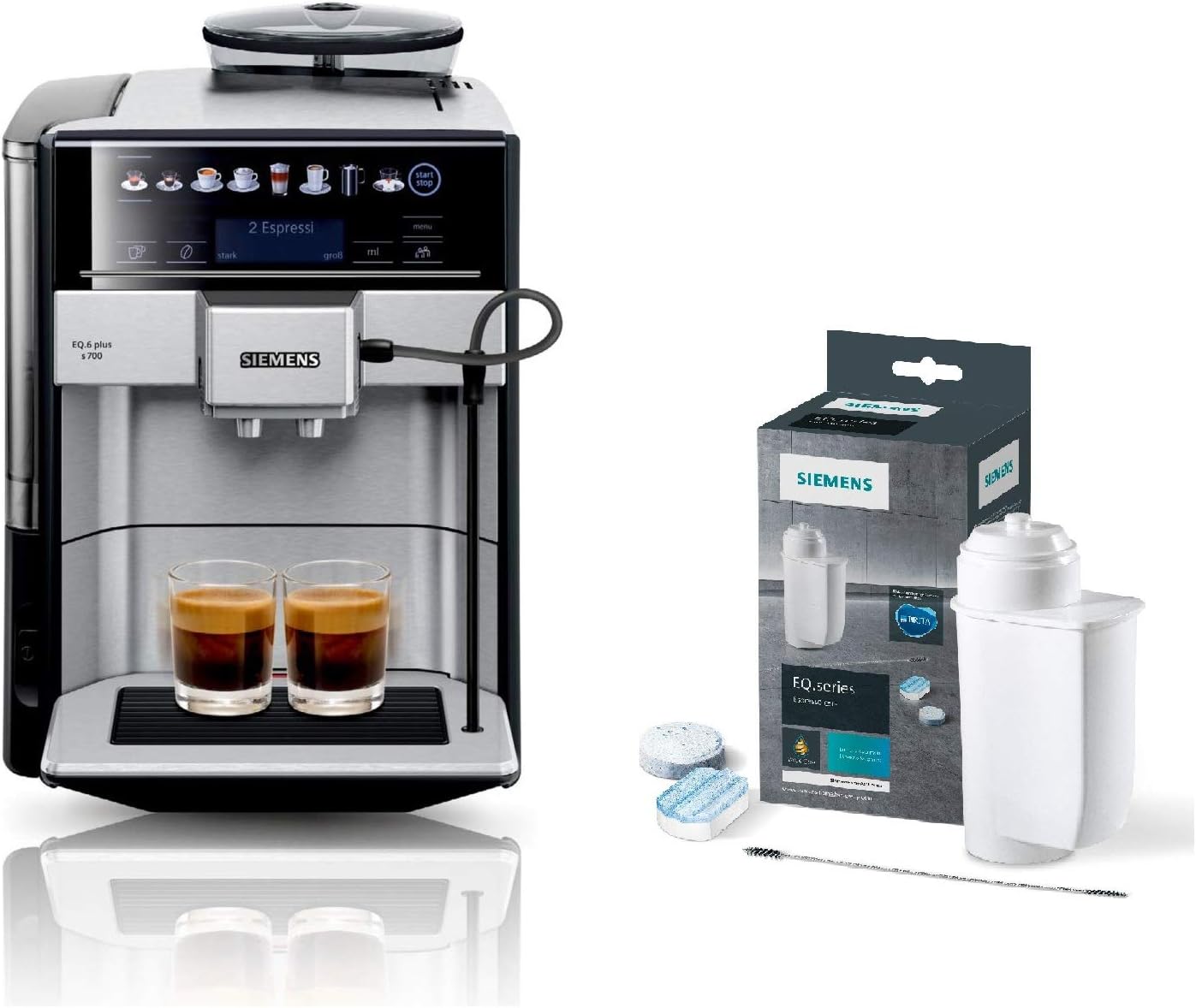 SIEMENS Kaffeevollautomat EQ6 plus s700 TE657503DE, für viele Kaffeespezialitäten, Milch-Aufschäumdüse, Keramikmahlwerk, Doppeltassenfunktion, Antikalk, automatische Dampfreinigung, 1500 W, edelstahl