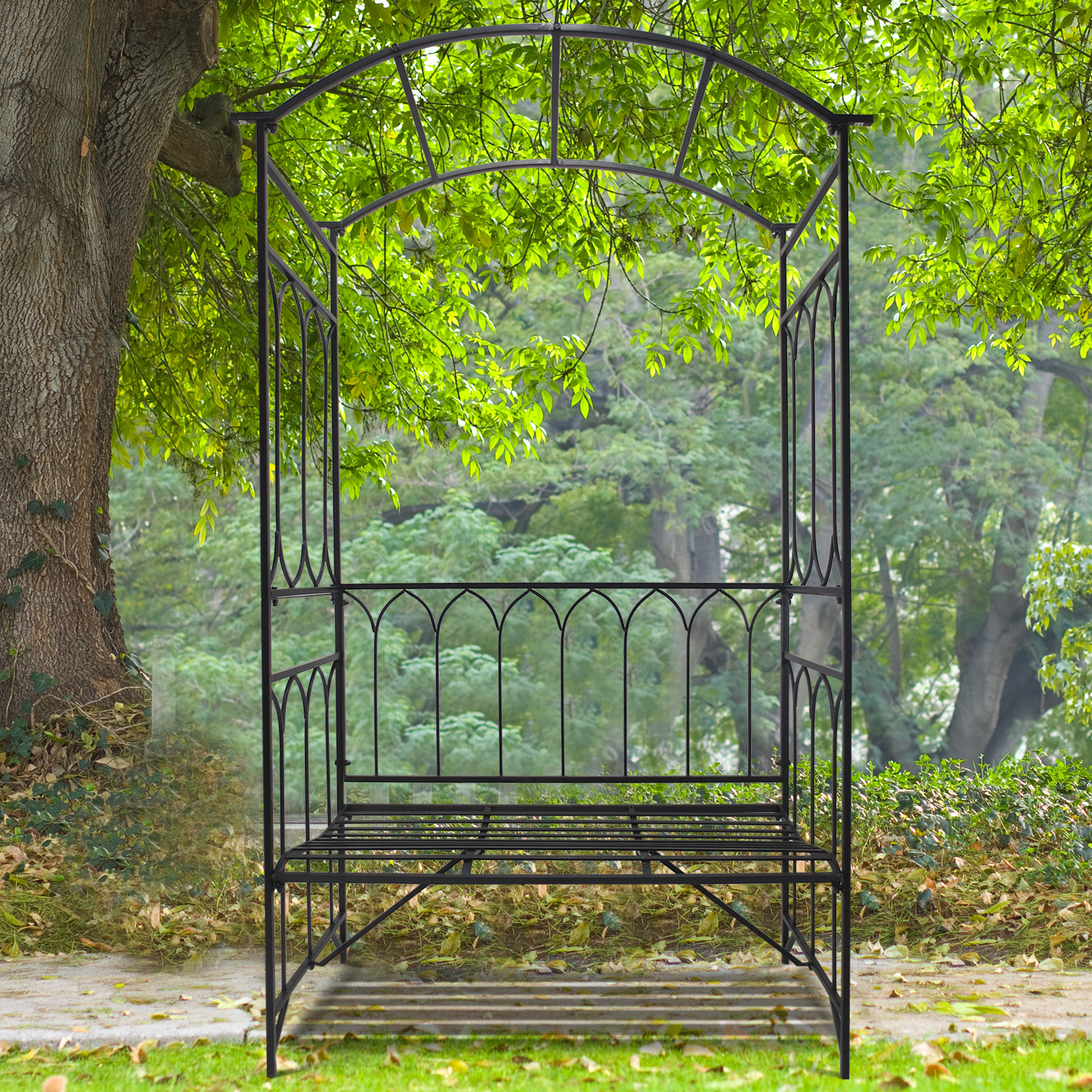 Outsunny Rosenbogen mit Bank Rosenbank Laubenbank Philosophenbank Rankgitter Rankhilfe Gartenbank Metall Schwarz 115 x 50 x 203 cm