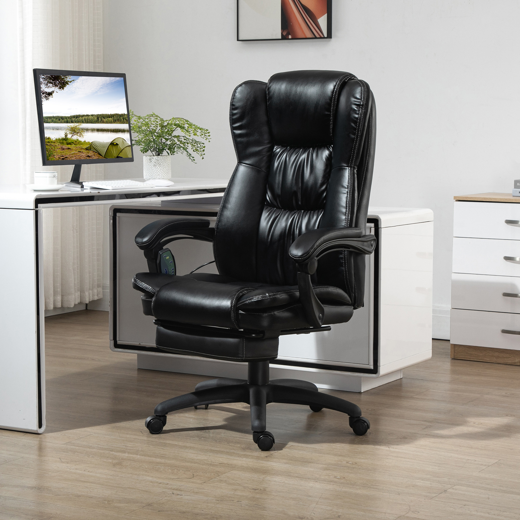 Vinsetto Verstellbarer Drehstuhl mit Fußstütze, Kopfstütze, Massagefunktion, Kunstleder, 68,5x68,5x113-121cm, Schwarz
